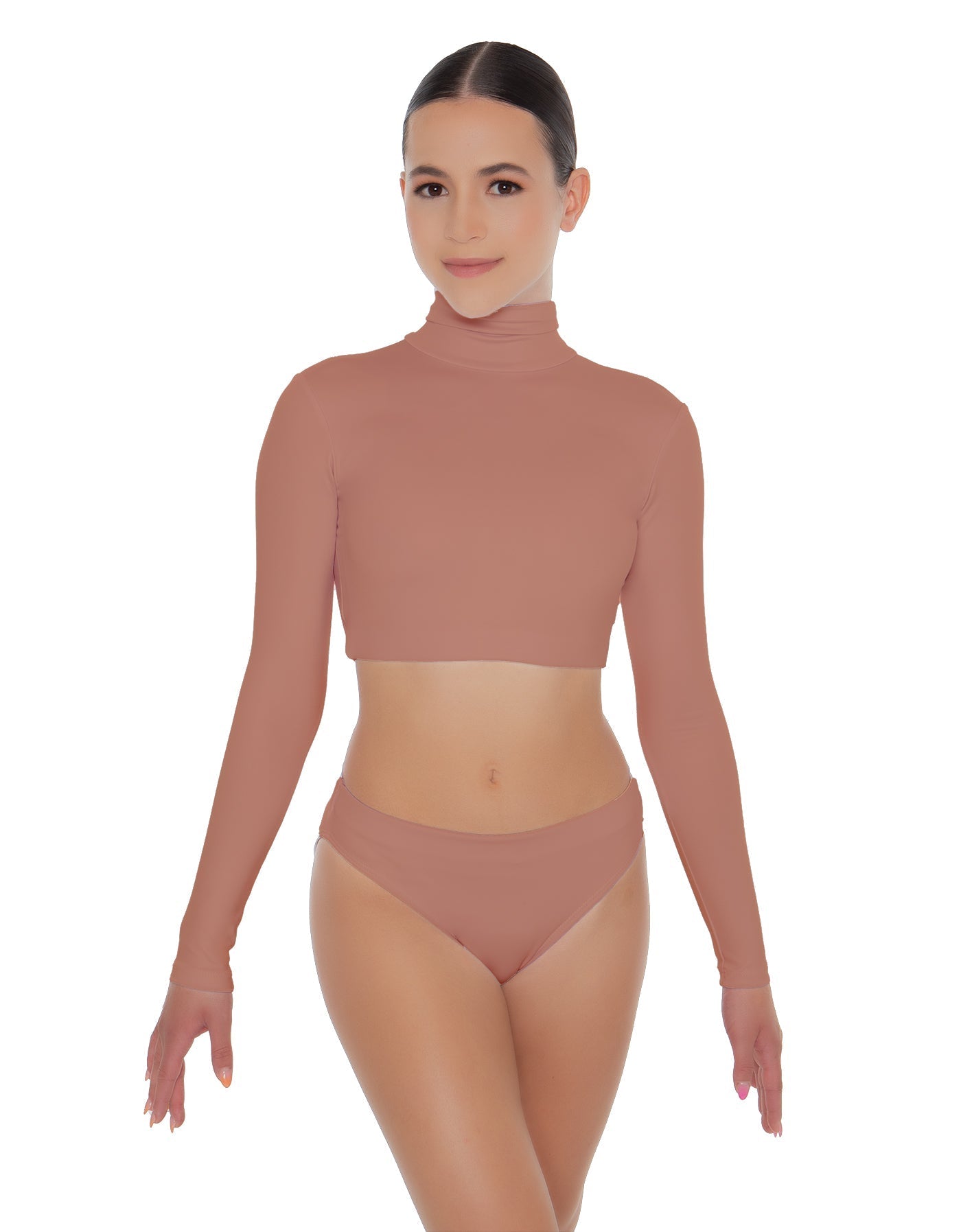 Solid Lycra TNeck LS Crop Top Triangle Back