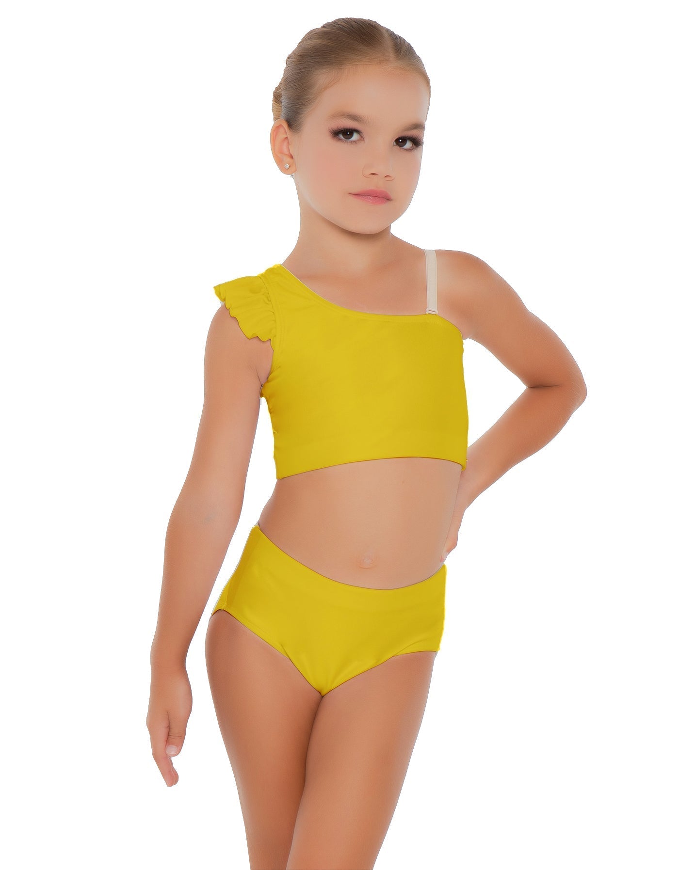 Solid Lycra One Shoulder Crop Top With Gather Sleeve