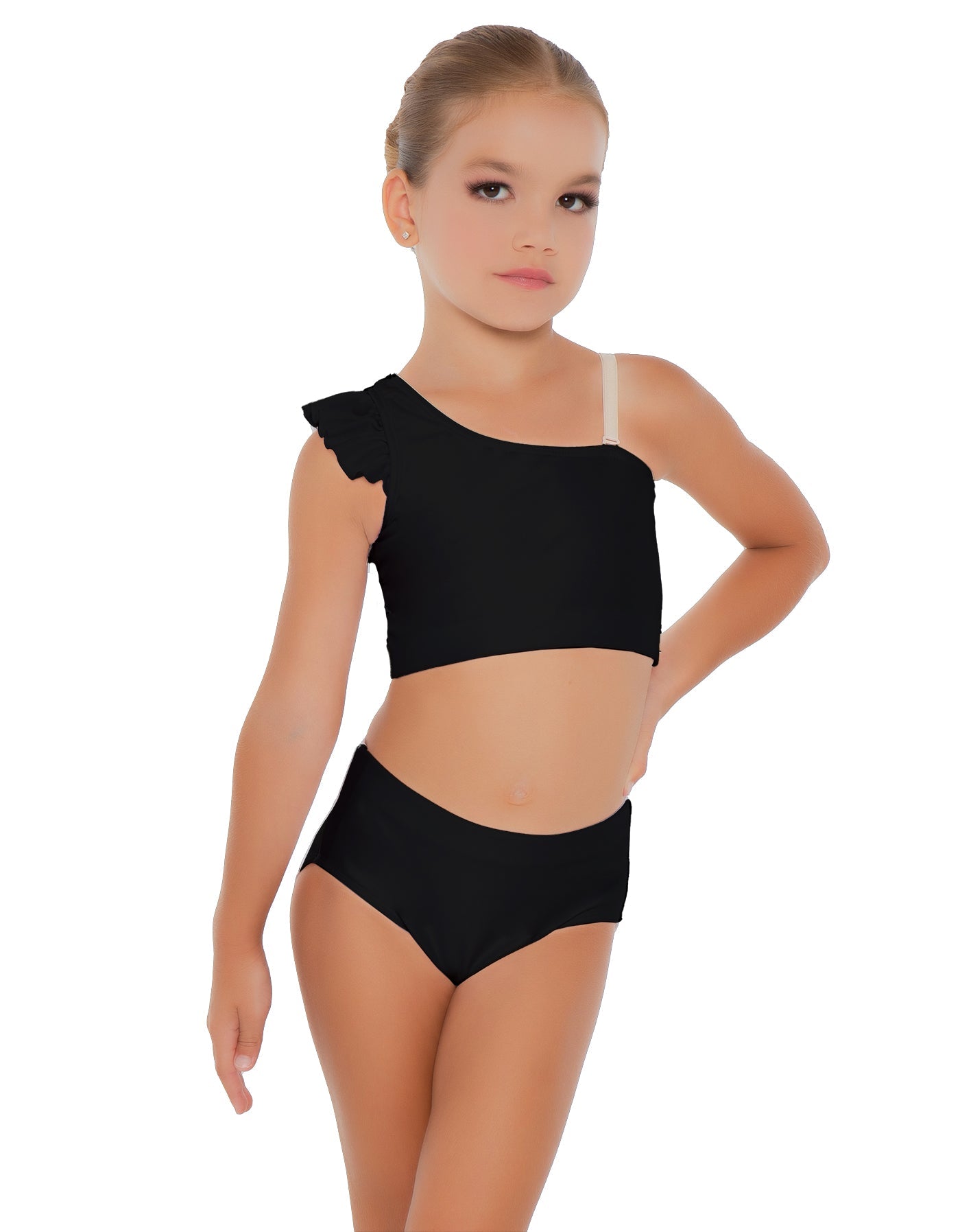 Solid Lycra One Shoulder Crop Top With Gather Sleeve