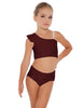 Solid Lycra One Shoulder Crop Top With Gather Sleeve