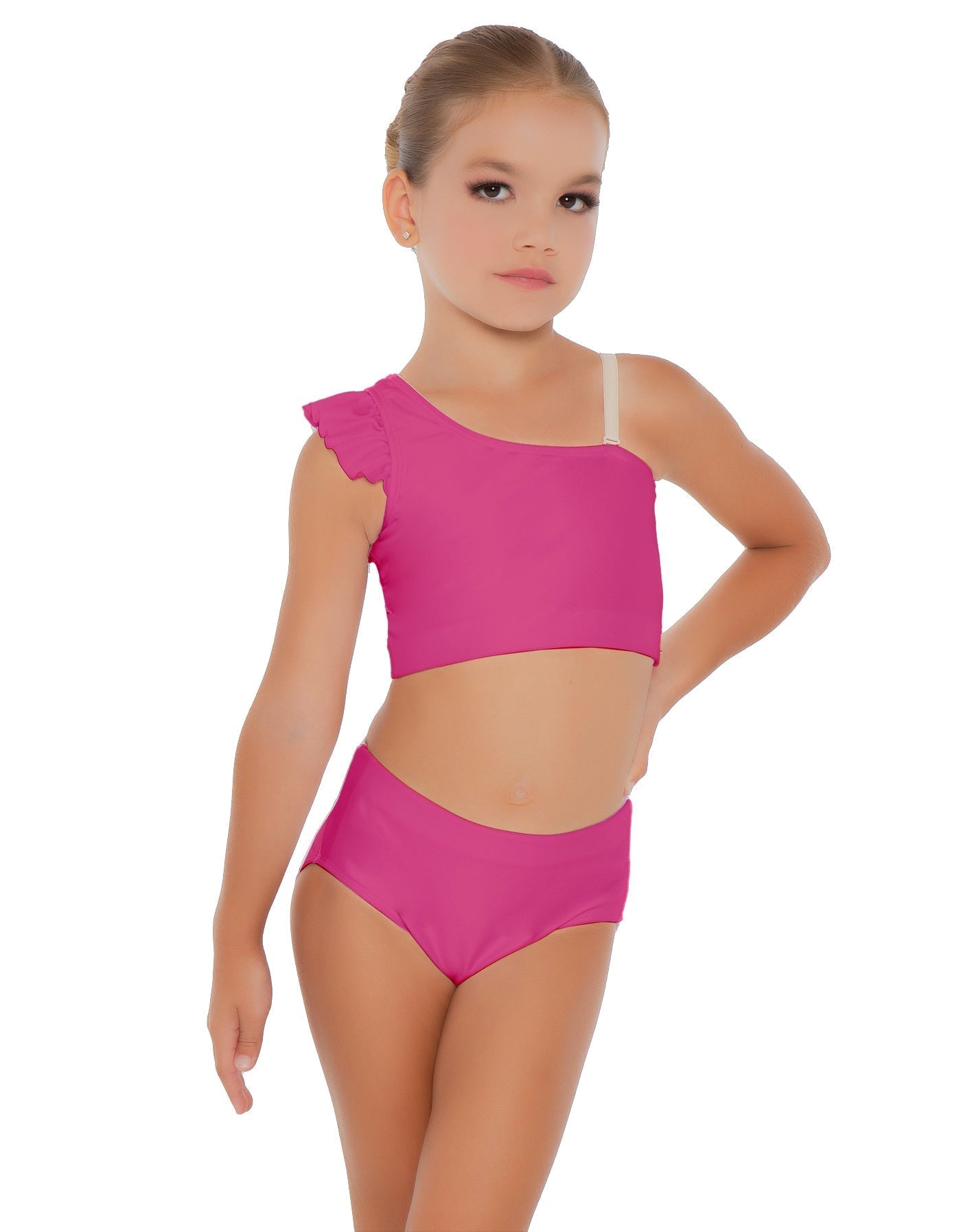 Solid Lycra One Shoulder Crop Top With Gather Sleeve