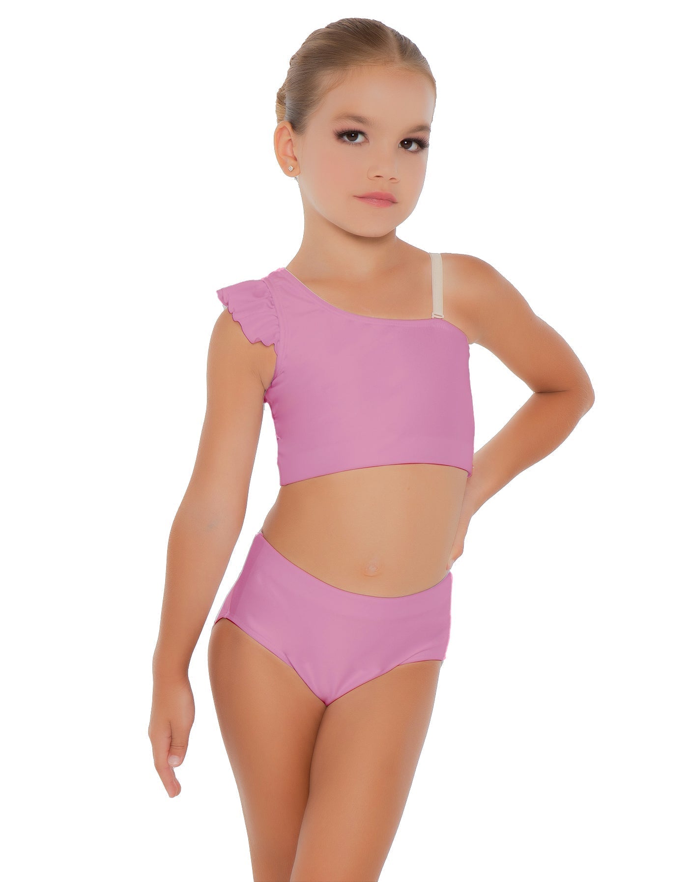 Solid Lycra One Shoulder Crop Top With Gather Sleeve