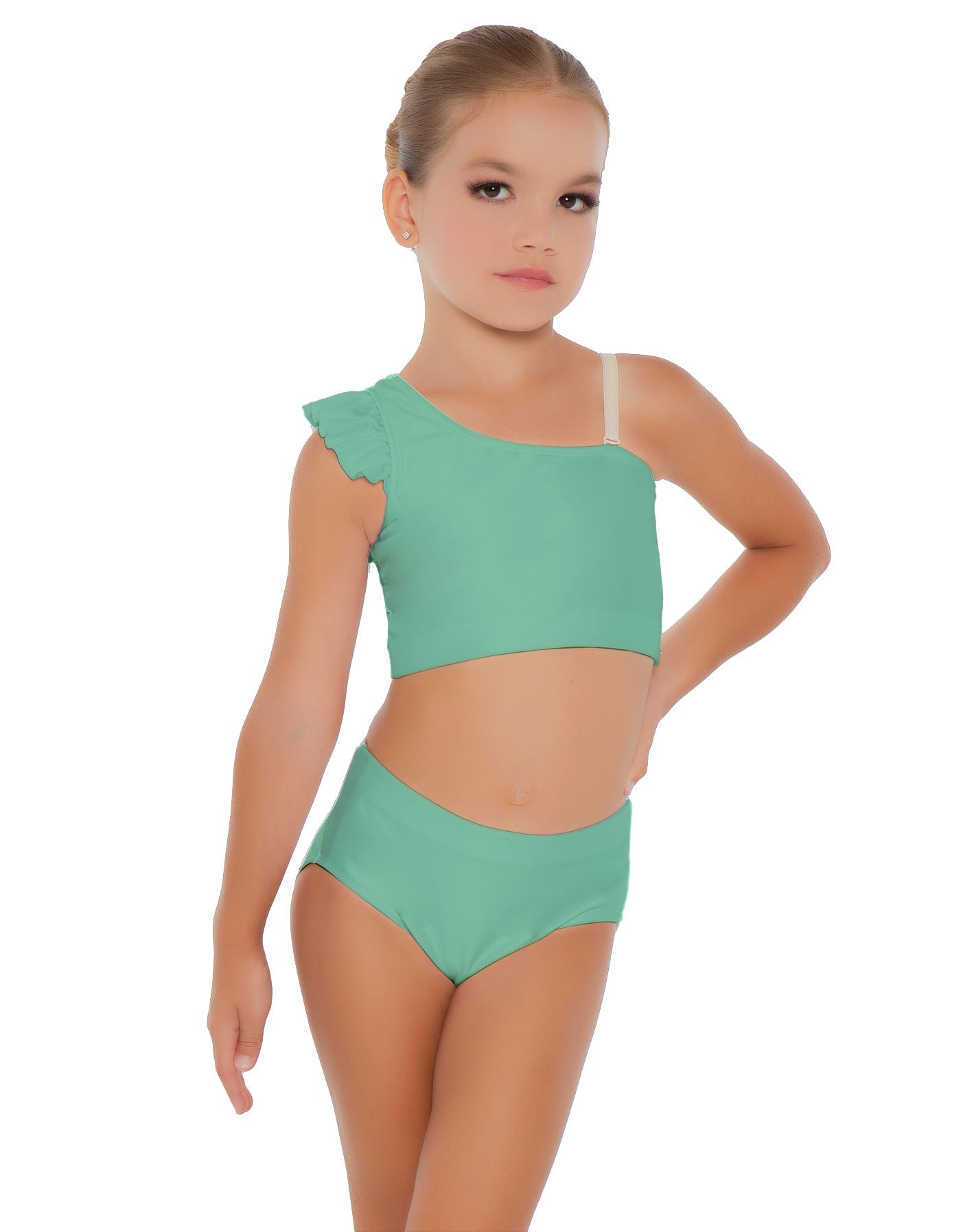 Solid Lycra One Shoulder Crop Top With Gather Sleeve