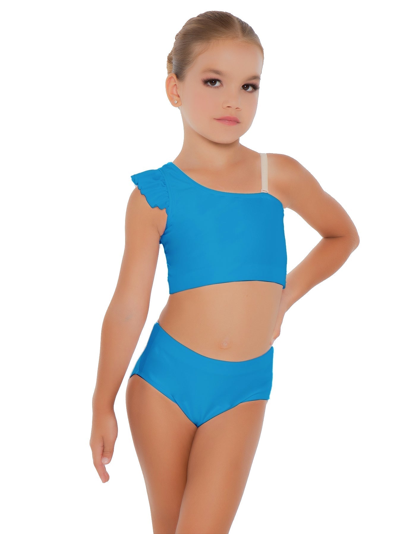 Solid Lycra One Shoulder Crop Top With Gather Sleeve