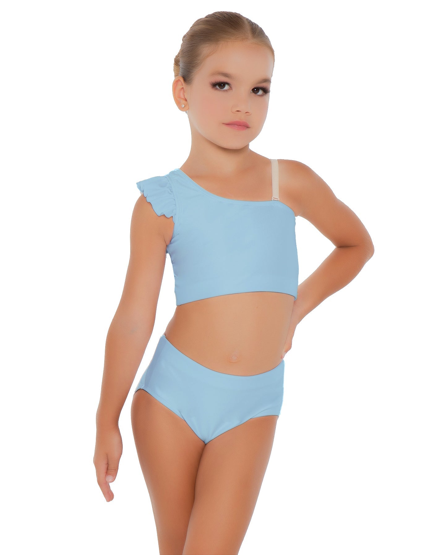 Solid Lycra One Shoulder Crop Top With Gather Sleeve