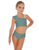 Solid Lycra One Shoulder Crop Top With Gather Sleeve