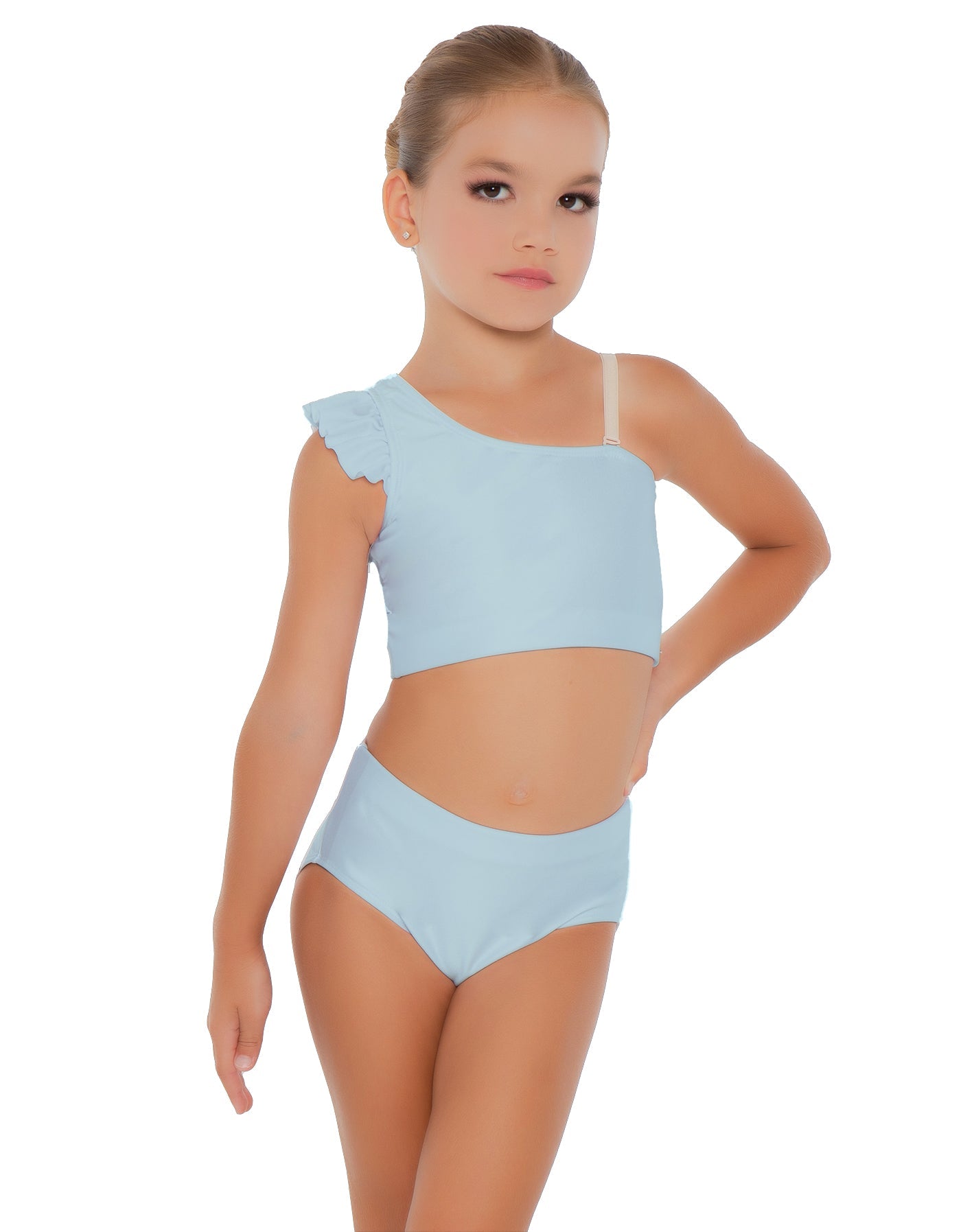 Solid Lycra One Shoulder Crop Top With Gather Sleeve