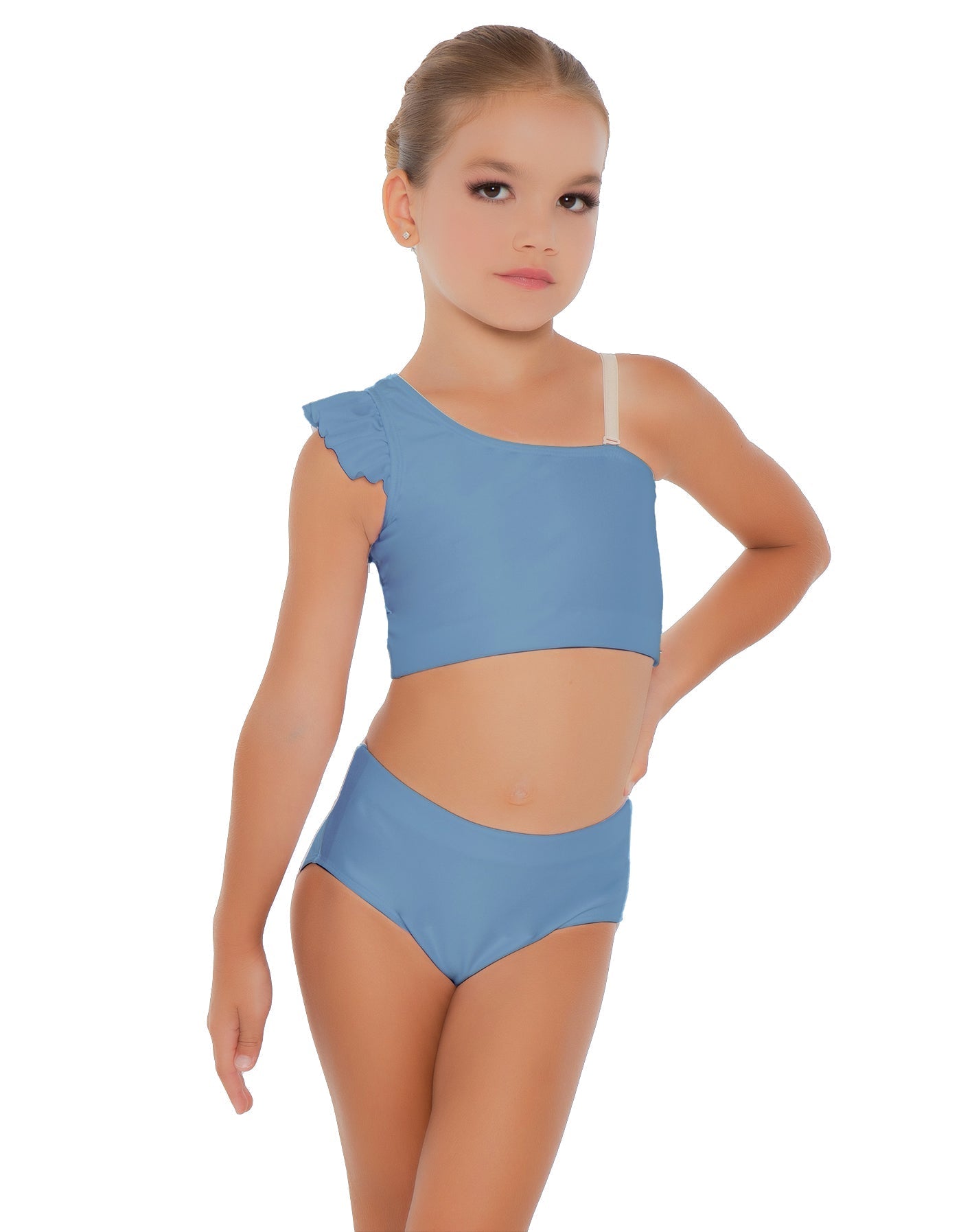Solid Lycra One Shoulder Crop Top With Gather Sleeve