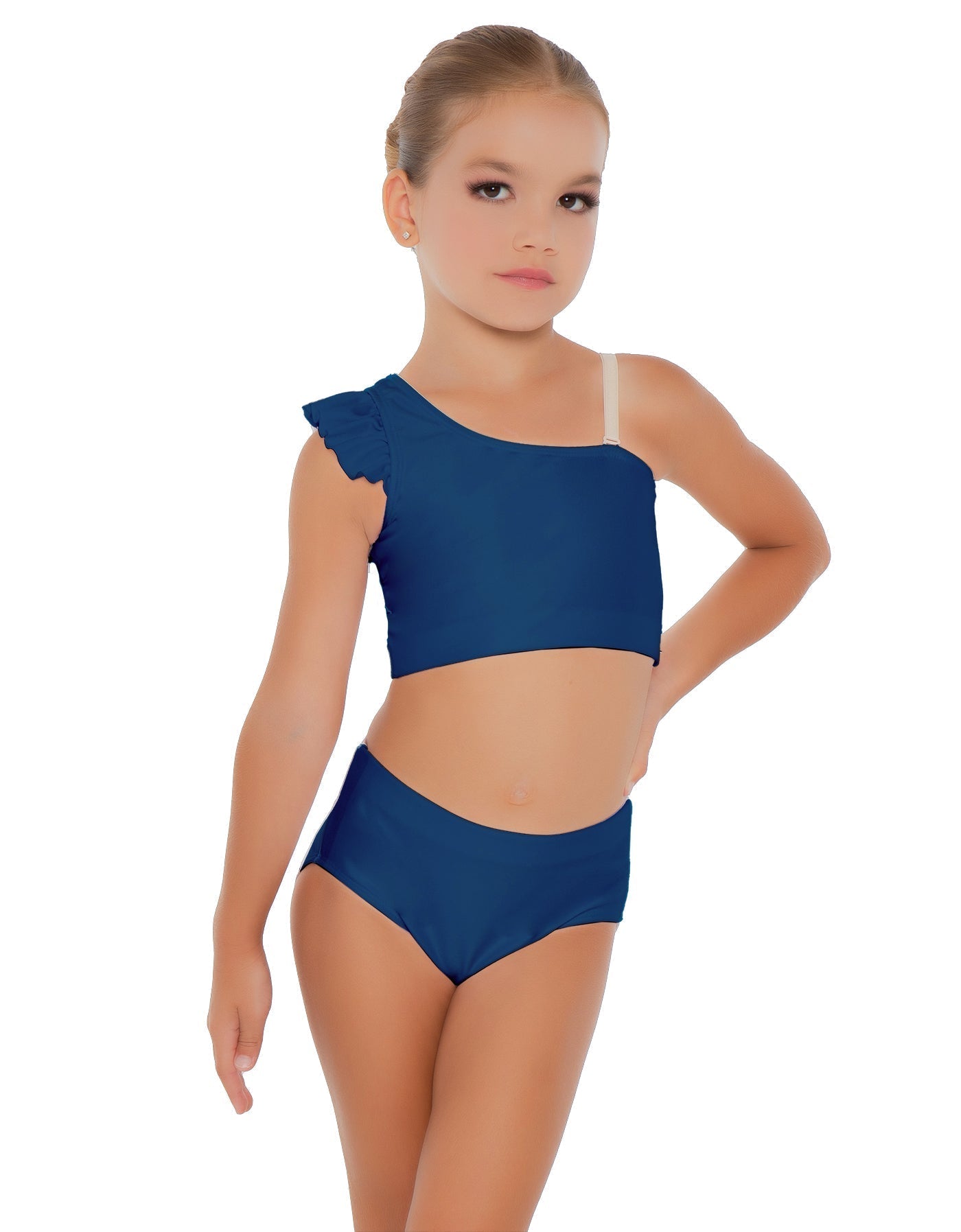 Solid Lycra One Shoulder Crop Top With Gather Sleeve