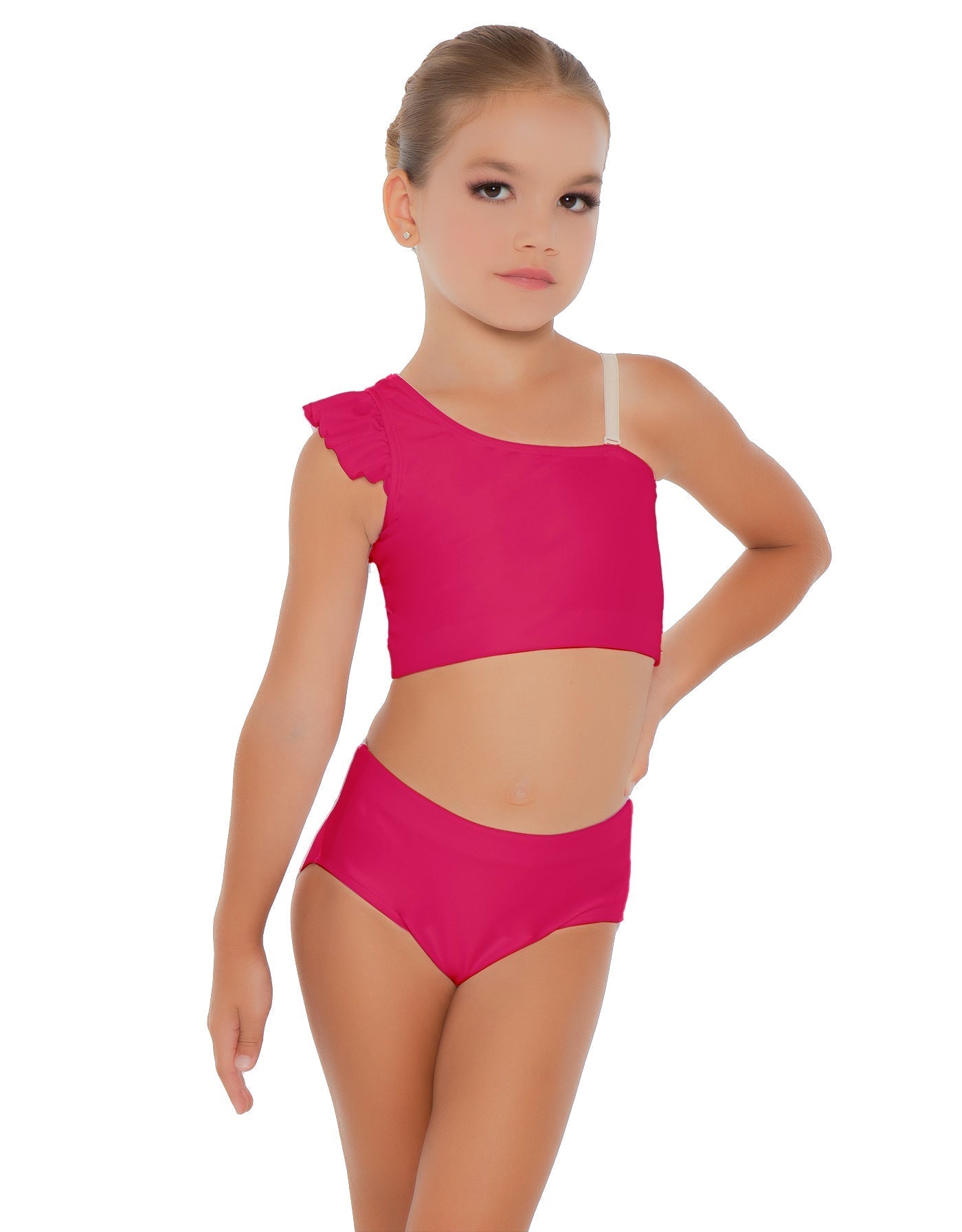 Solid Lycra One Shoulder Crop Top With Gather Sleeve
