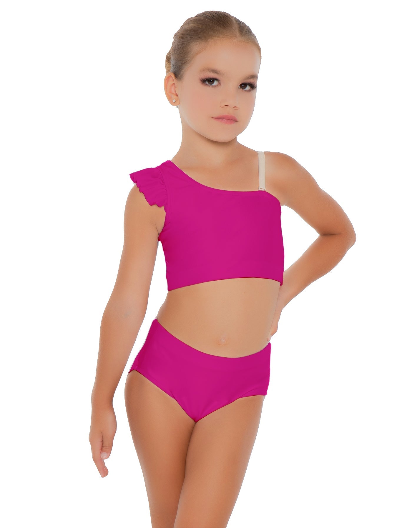 Solid Lycra One Shoulder Crop Top With Gather Sleeve