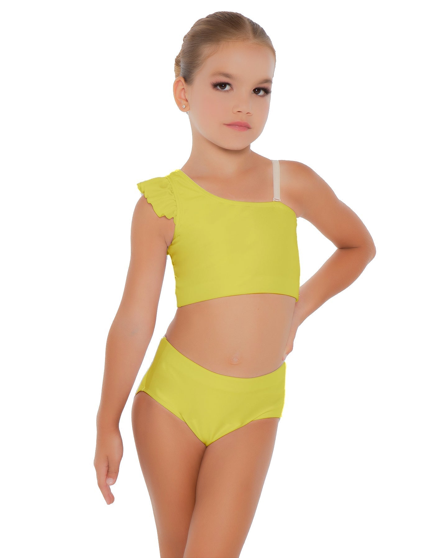 Solid Lycra One Shoulder Crop Top With Gather Sleeve