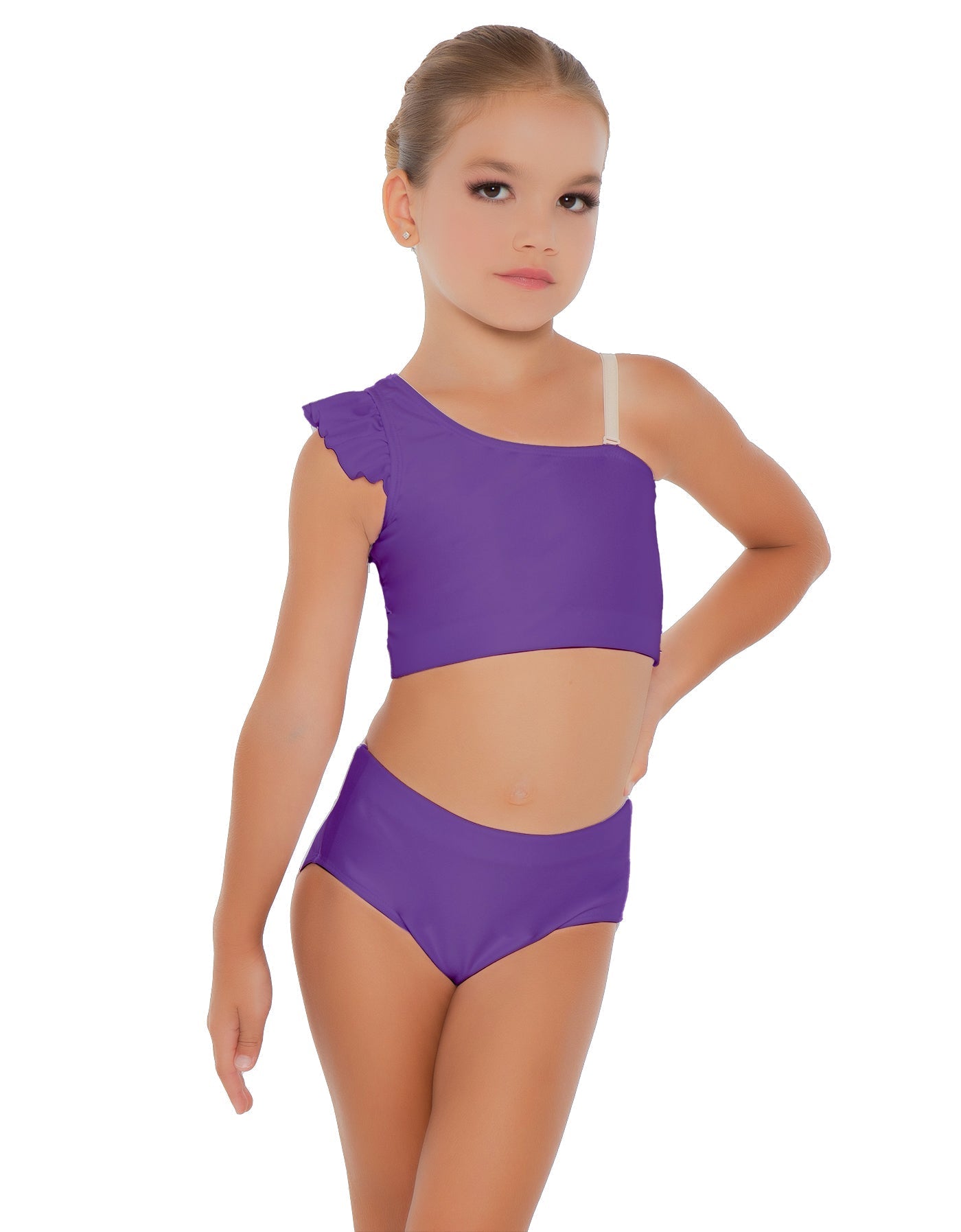 Solid Lycra One Shoulder Crop Top With Gather Sleeve