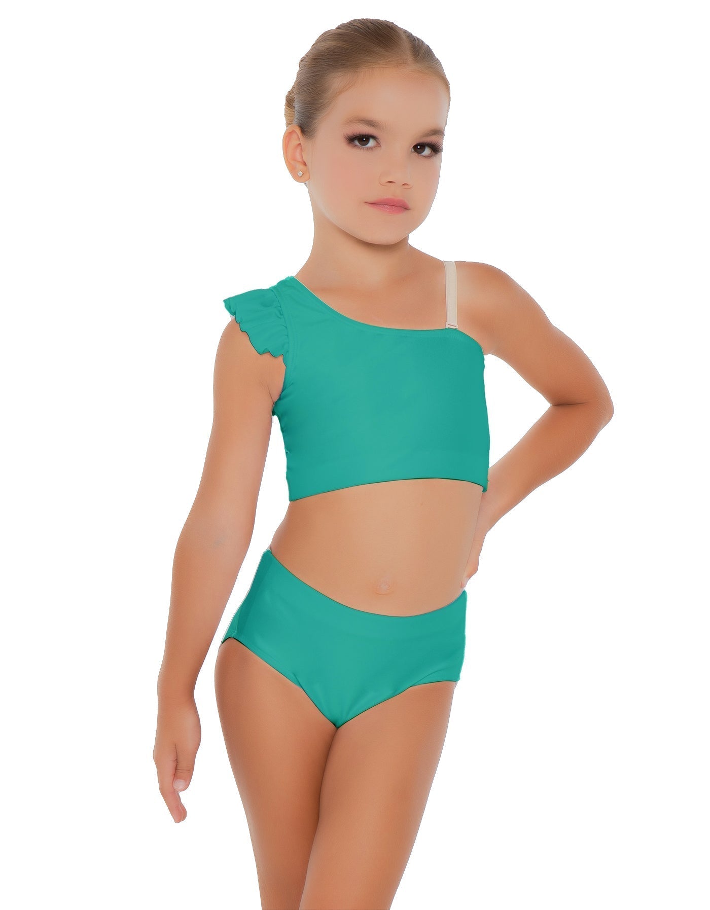 Solid Lycra One Shoulder Crop Top With Gather Sleeve