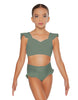 Solid Lycra Sweetheart Crop Top Gather Sleeve