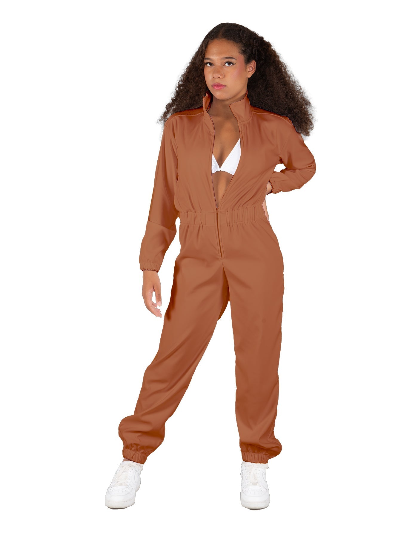 Solid Matte Satin Jumpsuit with Tall Collar