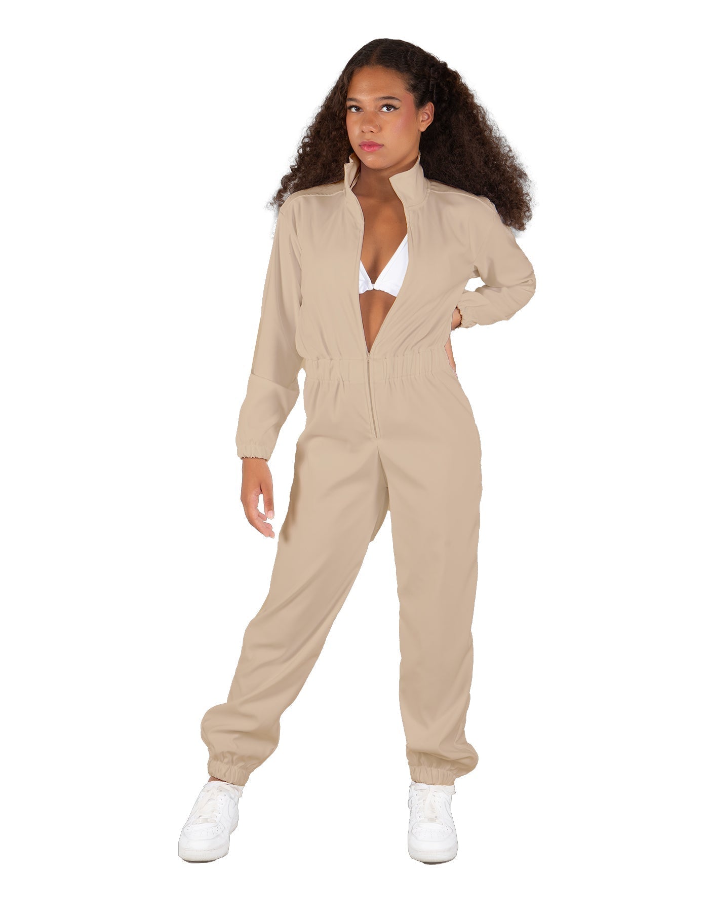 Solid Matte Satin Jumpsuit with Tall Collar
