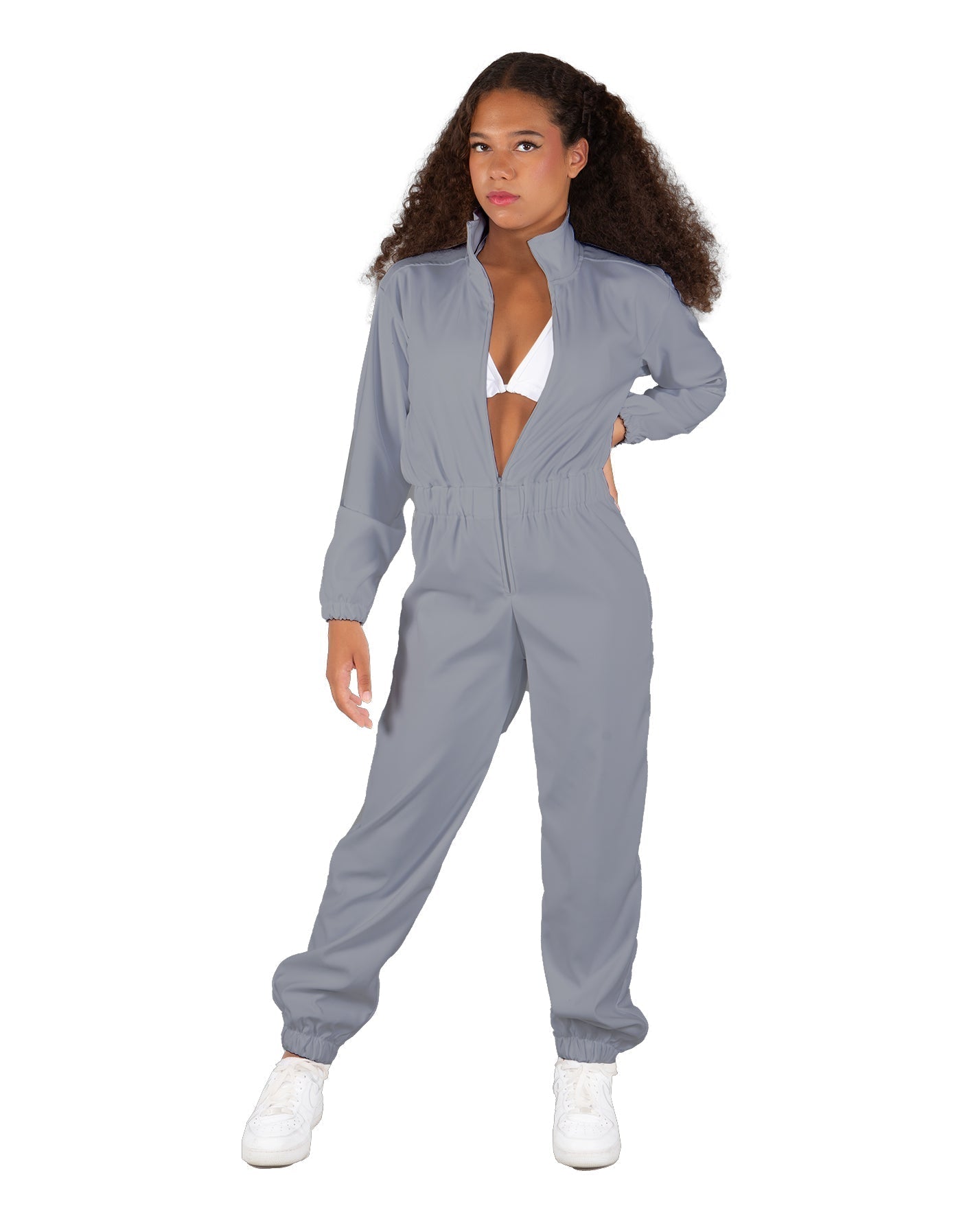 Solid Matte Satin Jumpsuit with Tall Collar