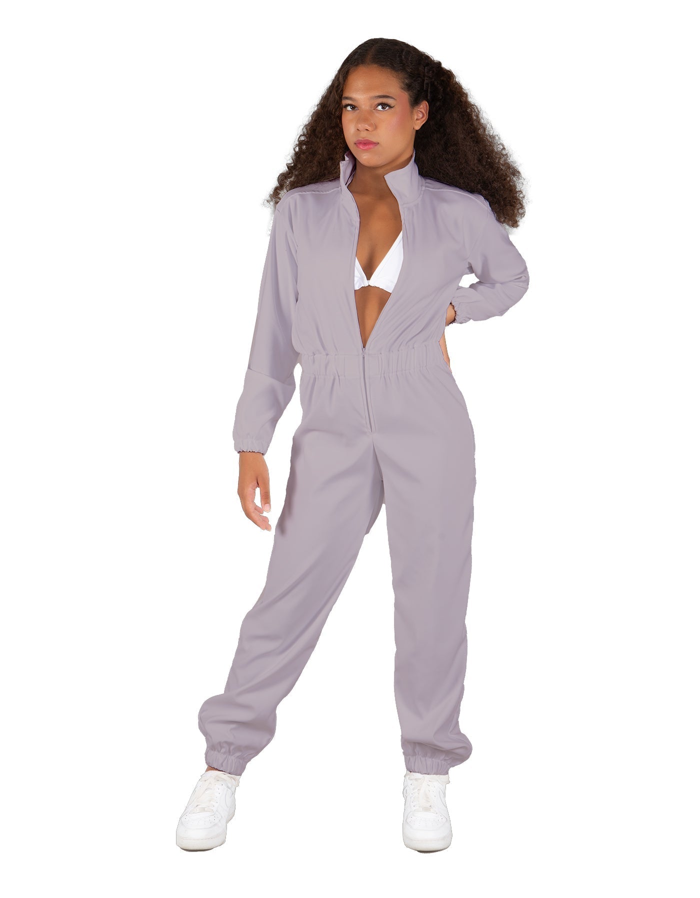 Solid Matte Satin Jumpsuit with Tall Collar