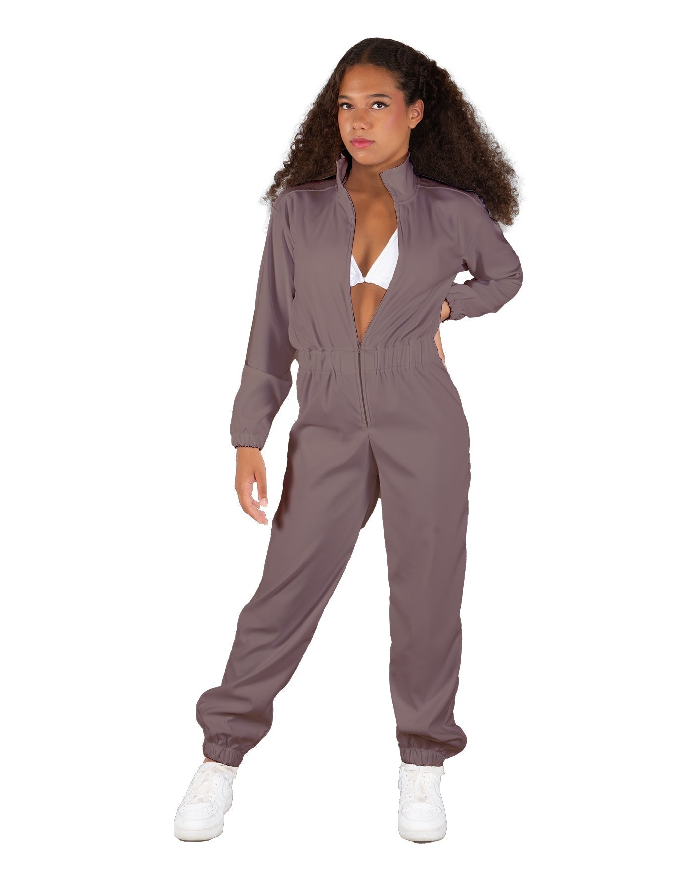 Solid Matte Satin Jumpsuit with Tall Collar