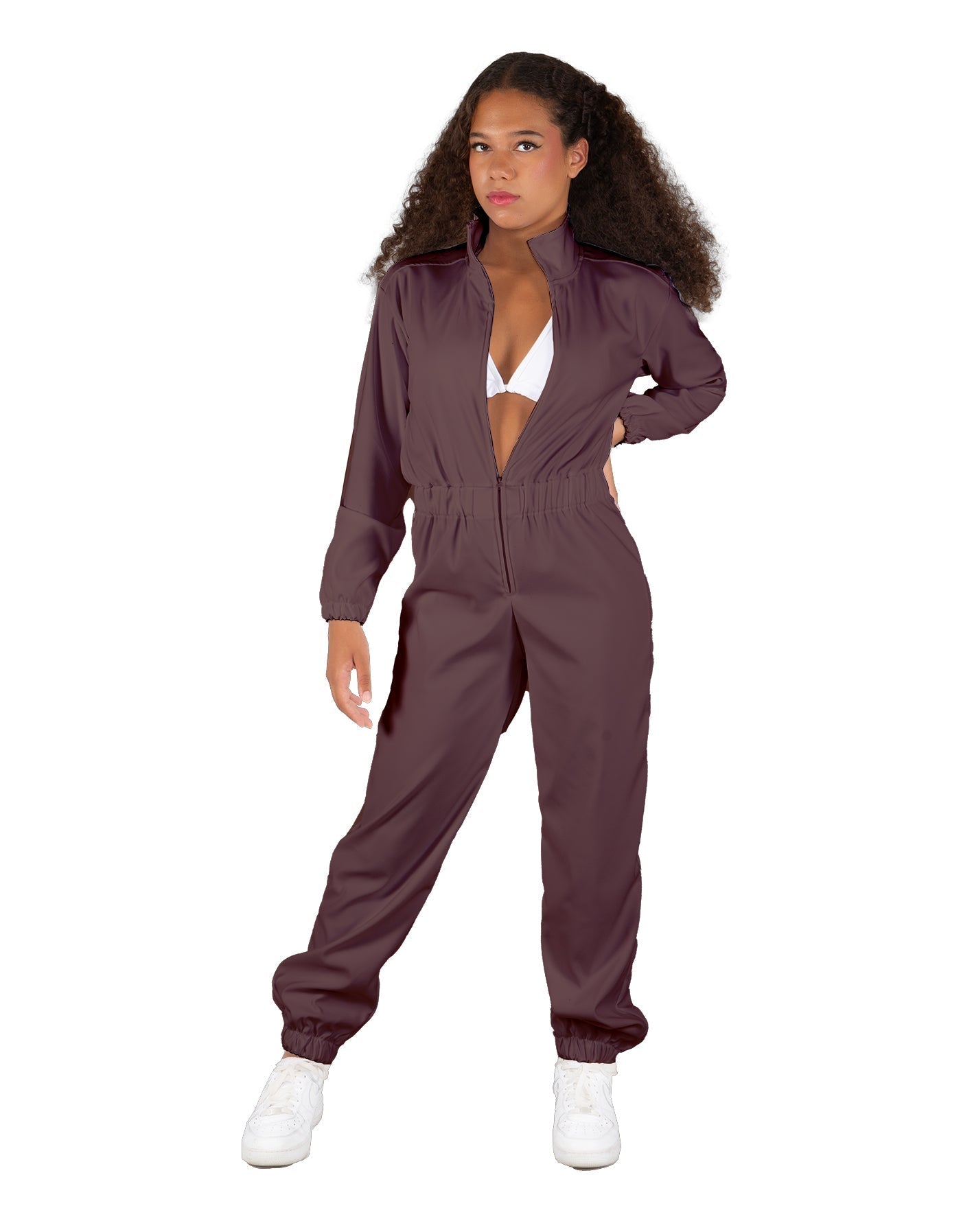 Solid Matte Satin Jumpsuit with Tall Collar