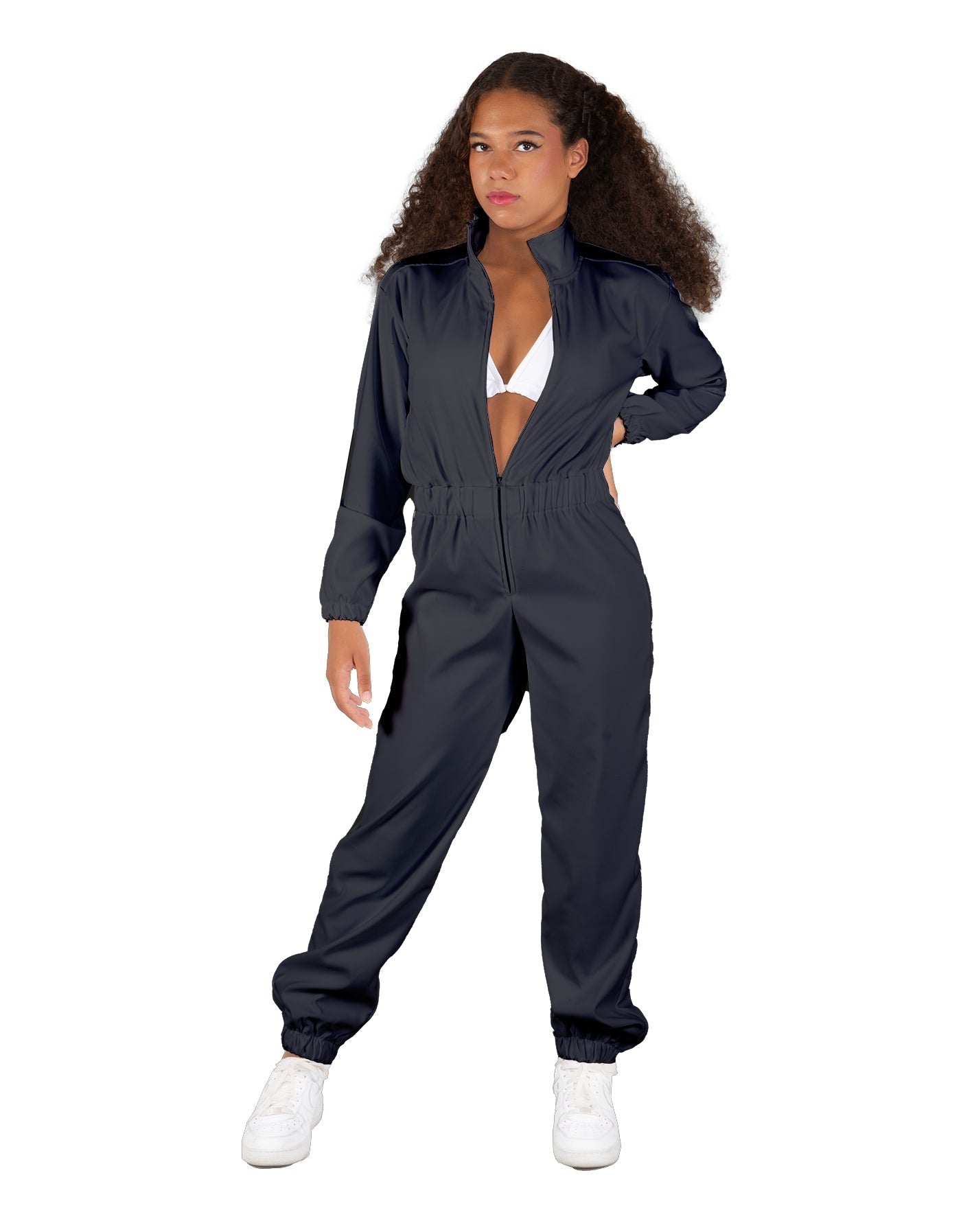 Solid Matte Satin Jumpsuit with Tall Collar