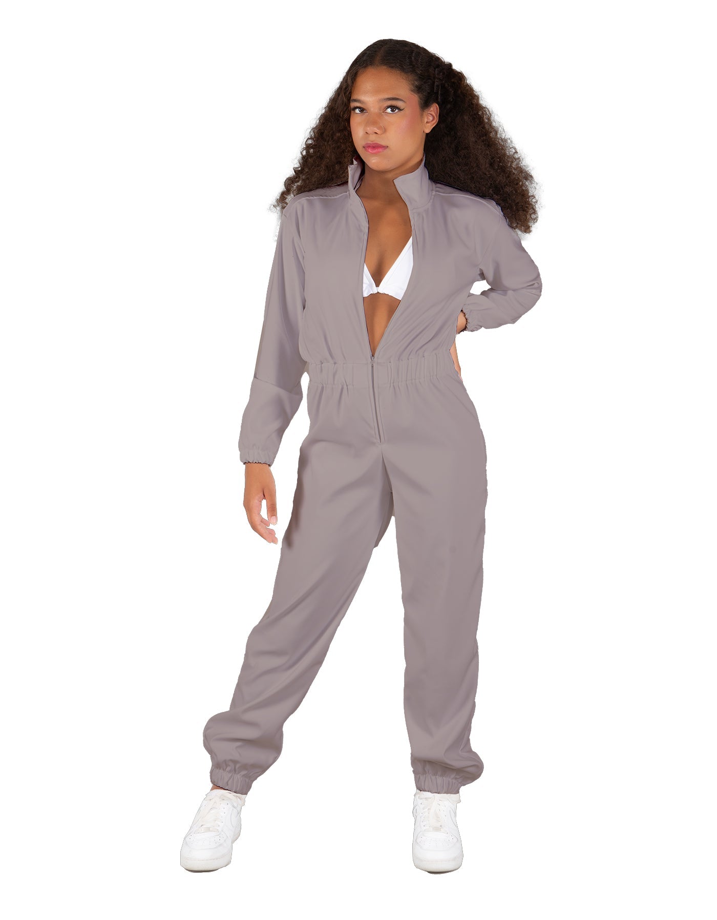 Solid Matte Satin Jumpsuit with Tall Collar