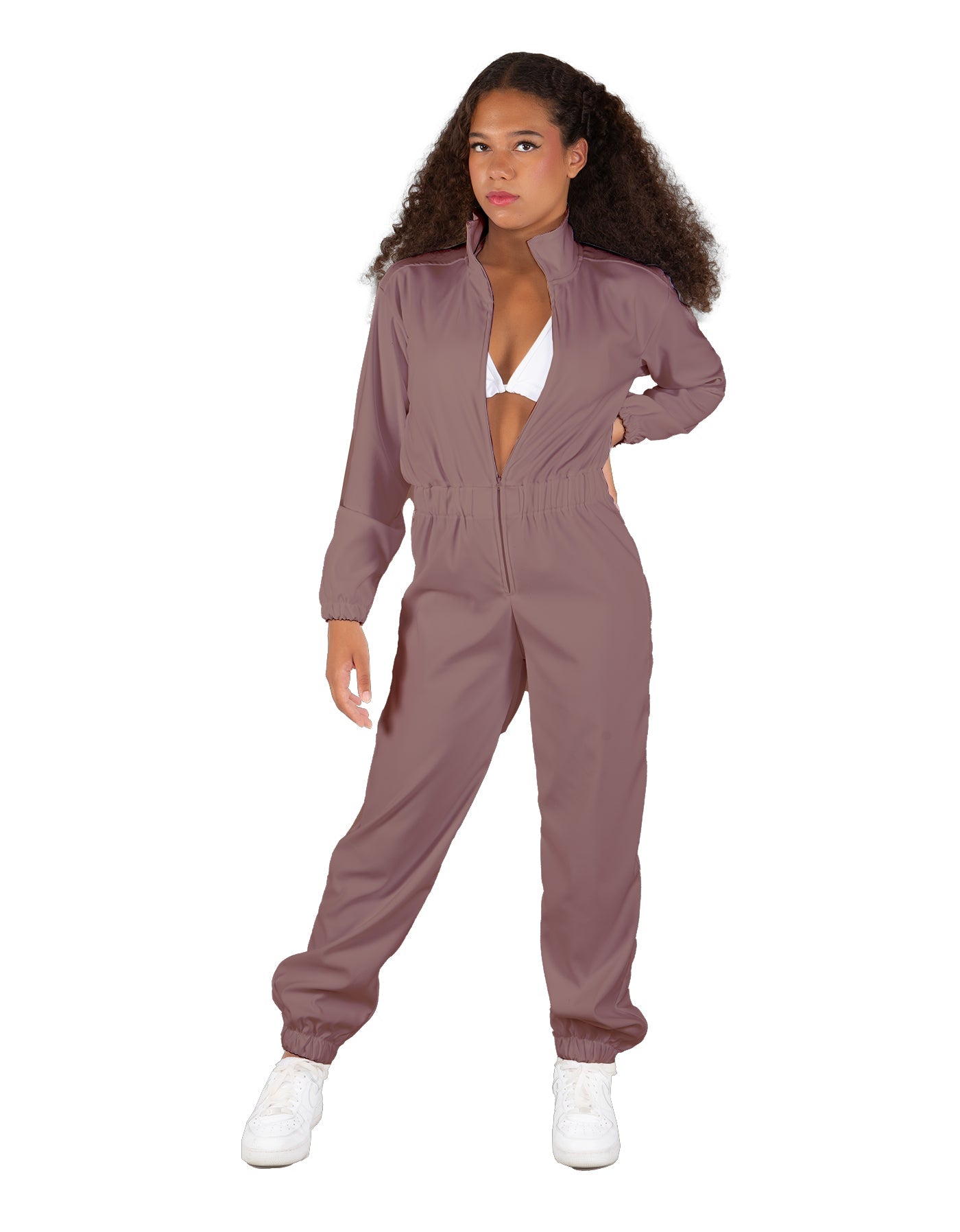 Solid Matte Satin Jumpsuit with Tall Collar