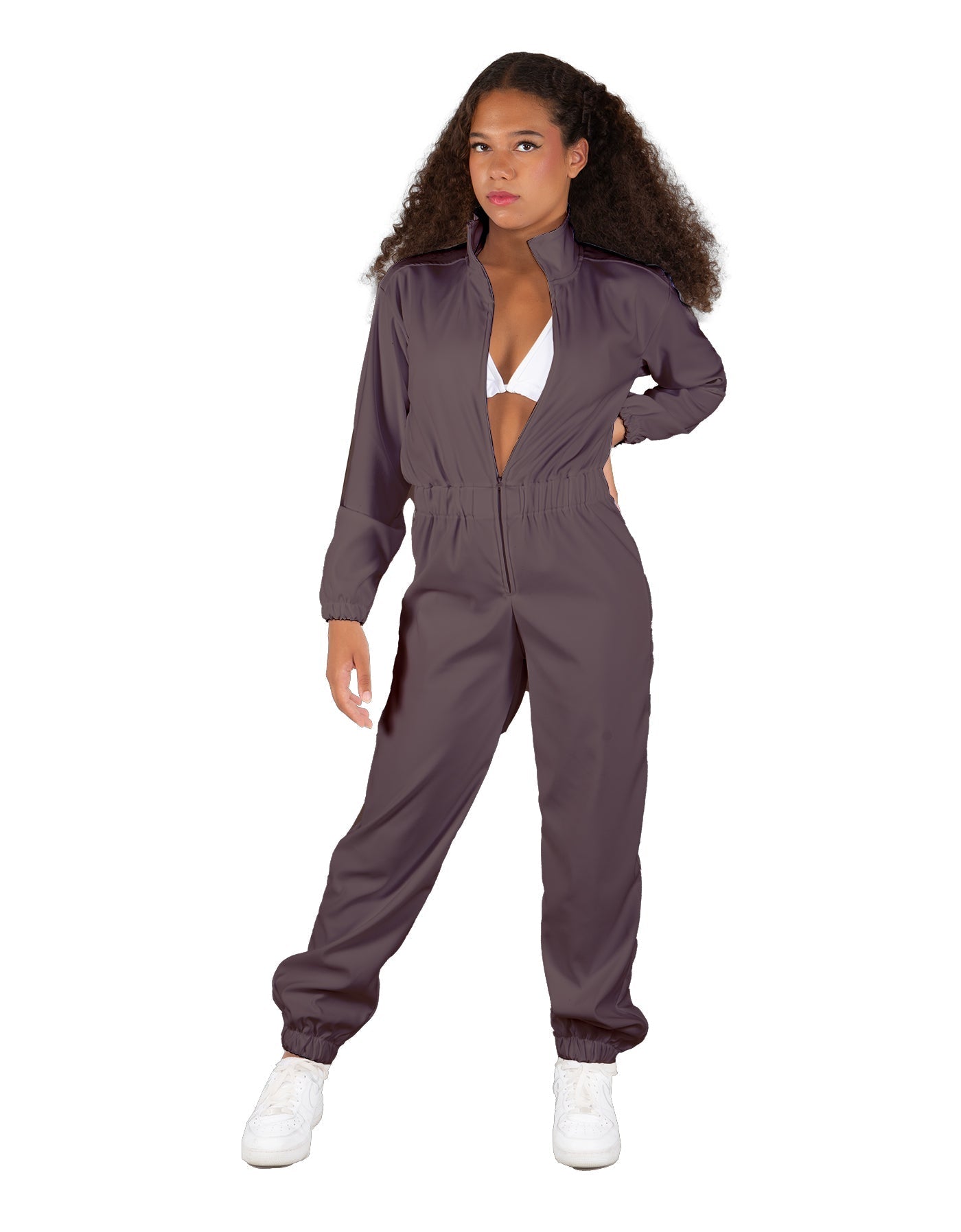 Solid Matte Satin Jumpsuit with Tall Collar