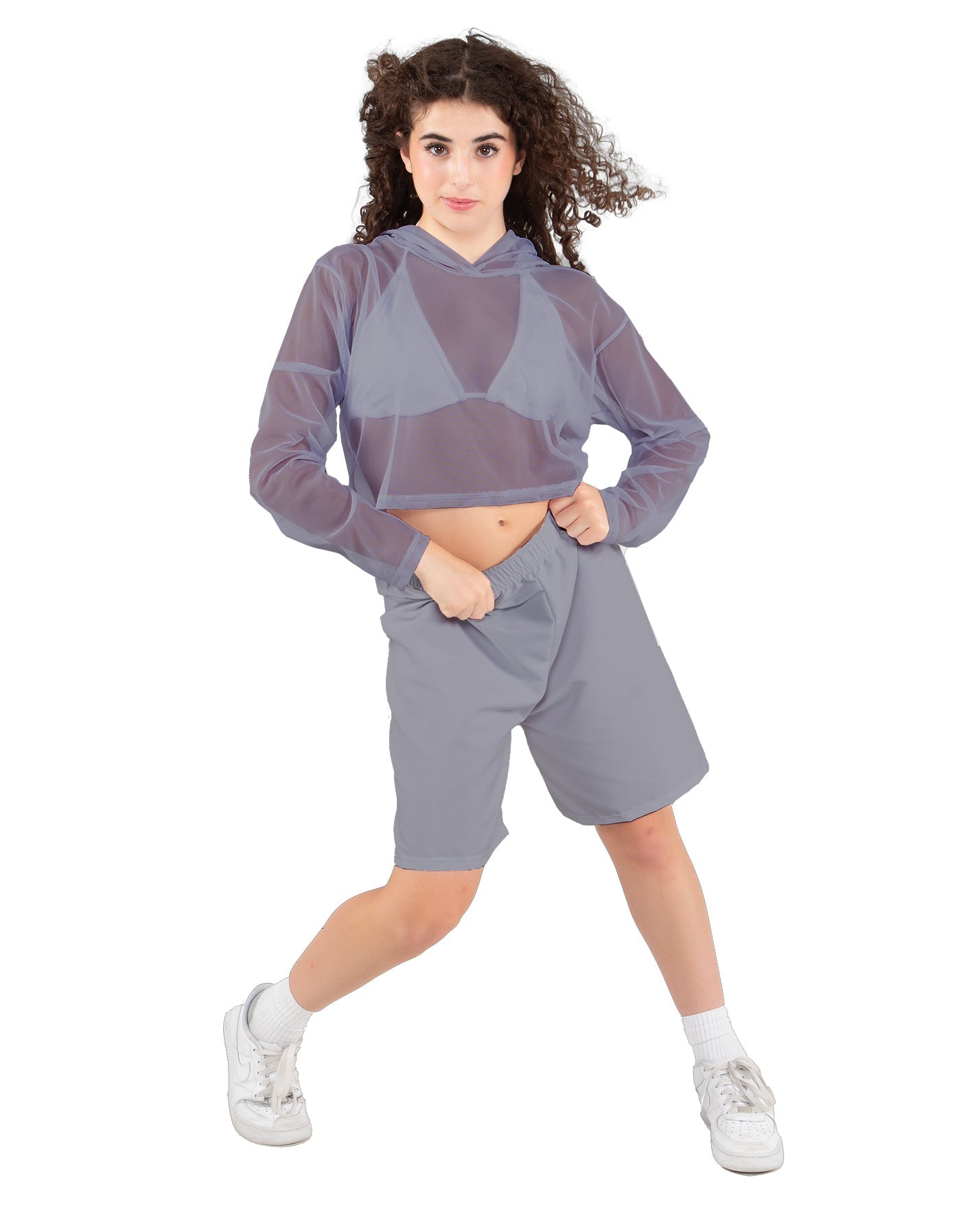 Solid Loose Mesh Hooded Top