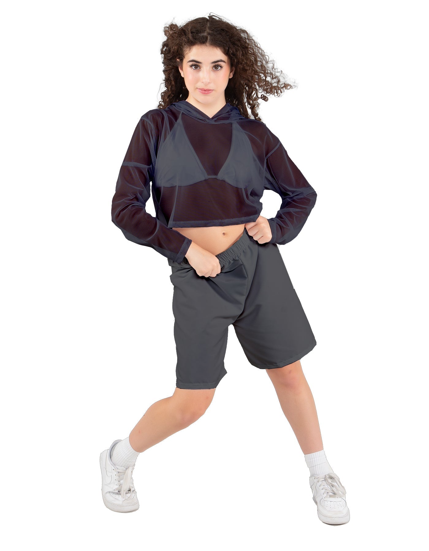 Solid Loose Mesh Hooded Top
