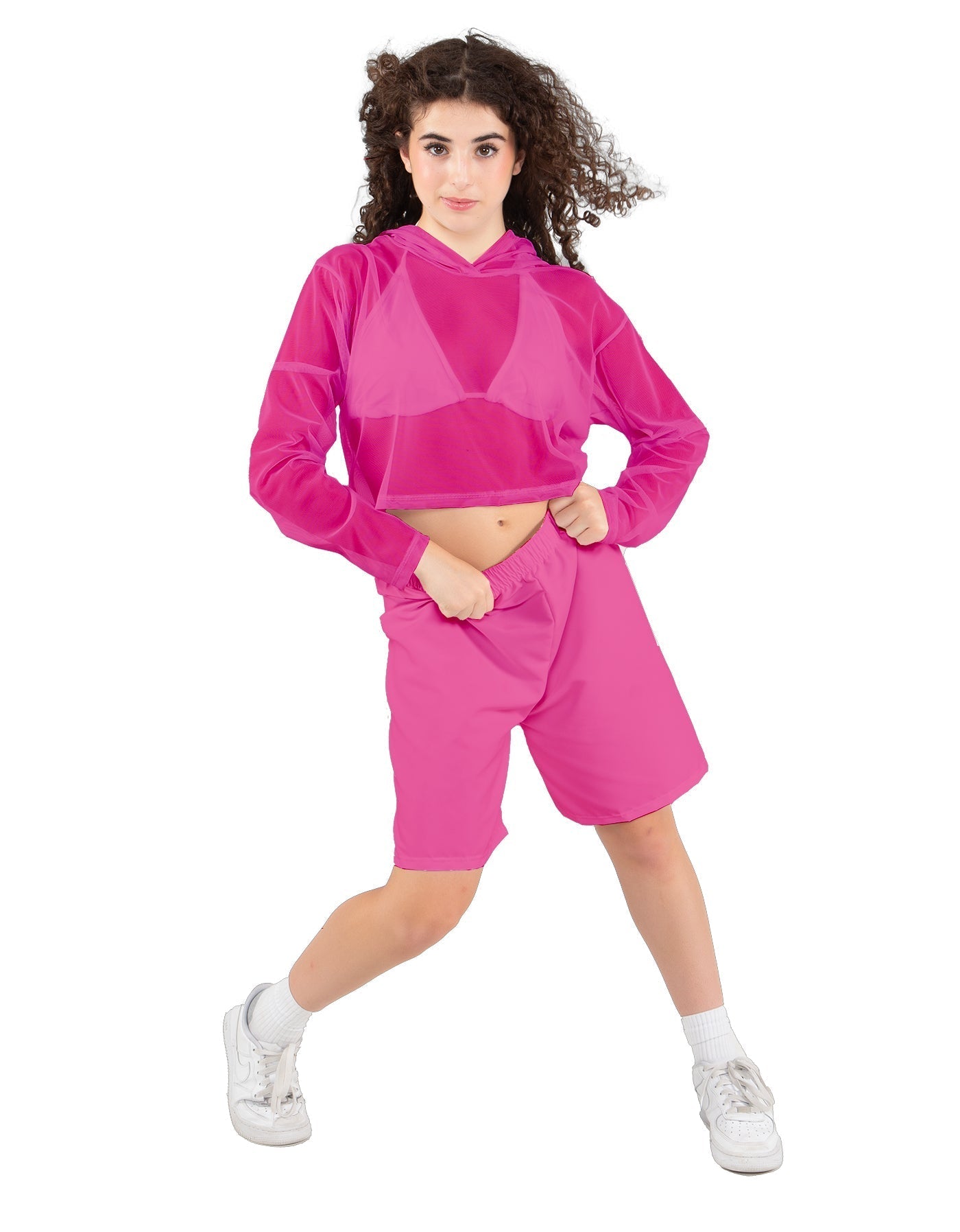 Solid Loose Mesh Hooded Top