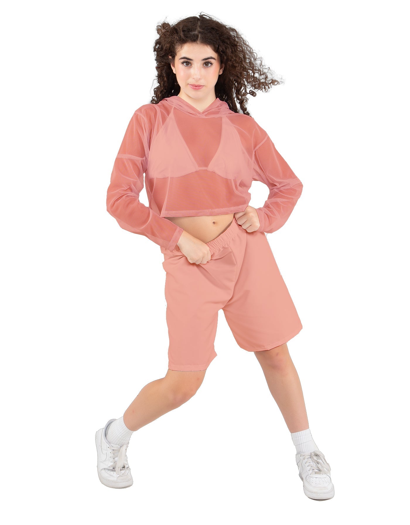 Solid Loose Mesh Hooded Top