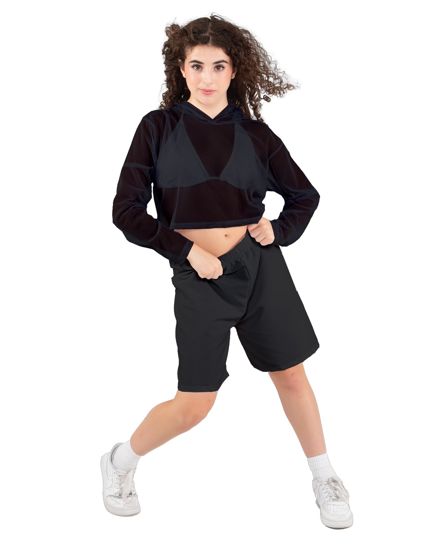 Solid Loose Mesh Hooded Top