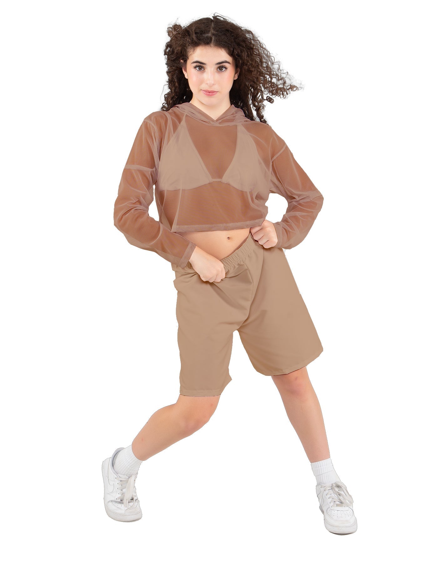 Solid Loose Mesh Hooded Top