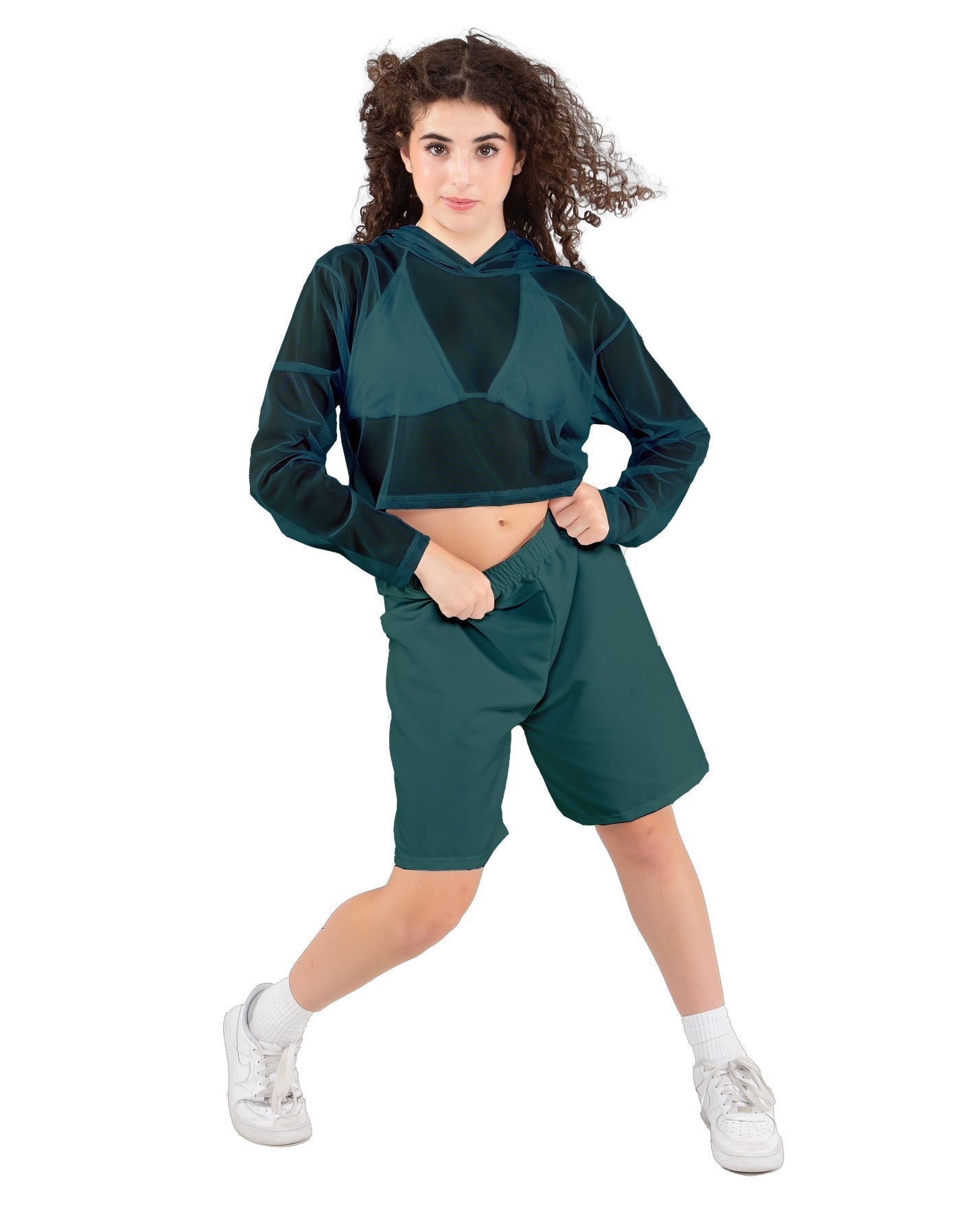 Solid Loose Mesh Hooded Top