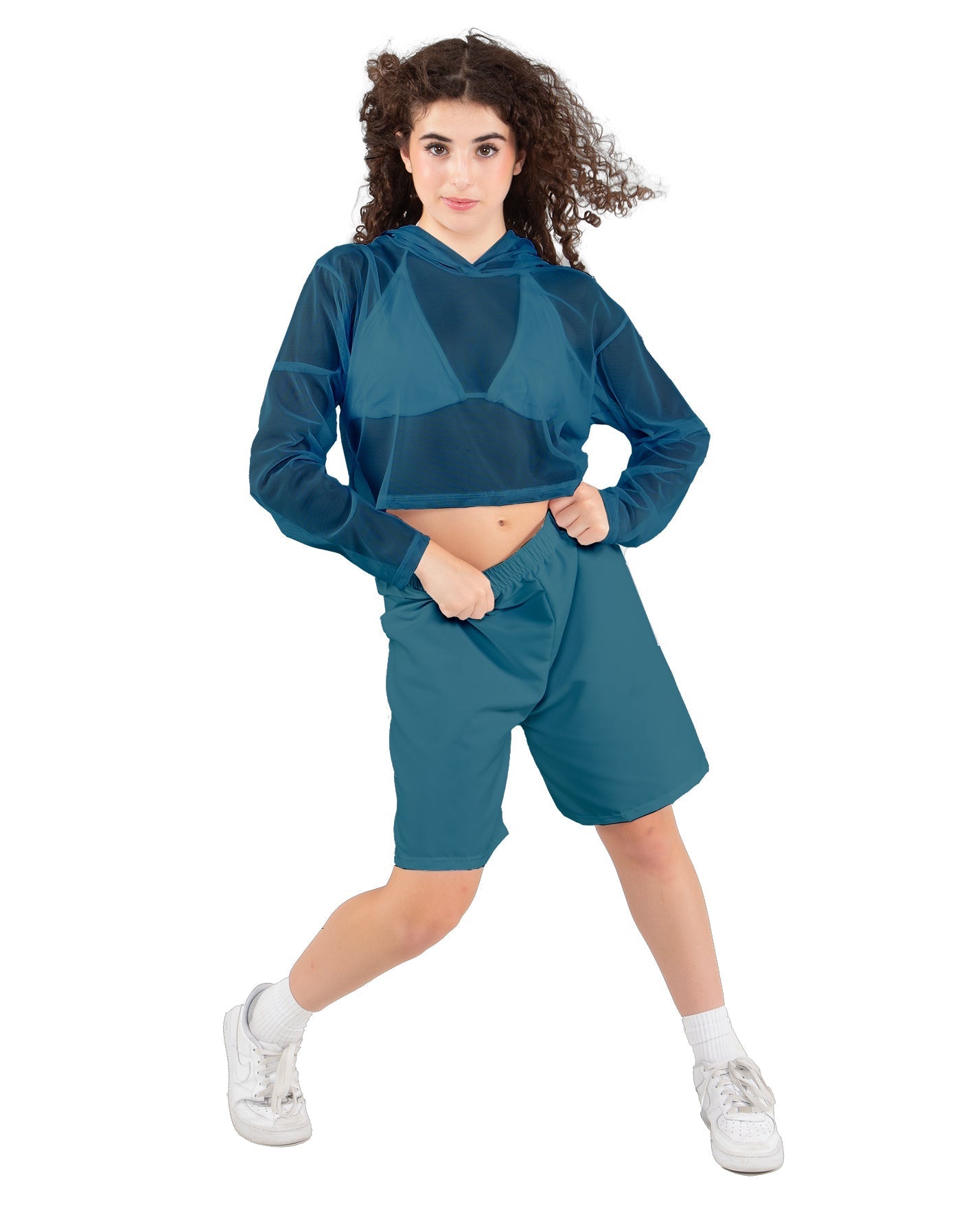 Solid Loose Mesh Hooded Top