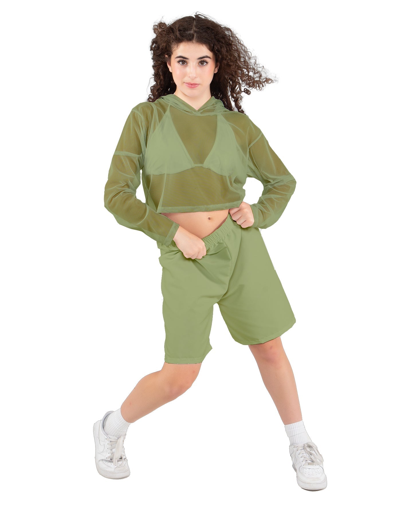 Solid Loose Mesh Hooded Top