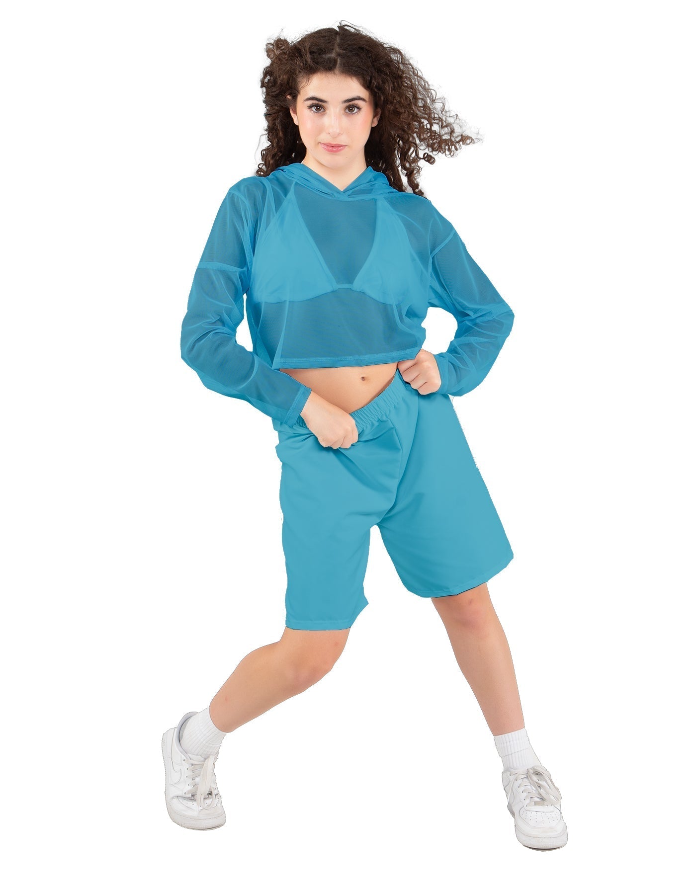 Solid Loose Mesh Hooded Top