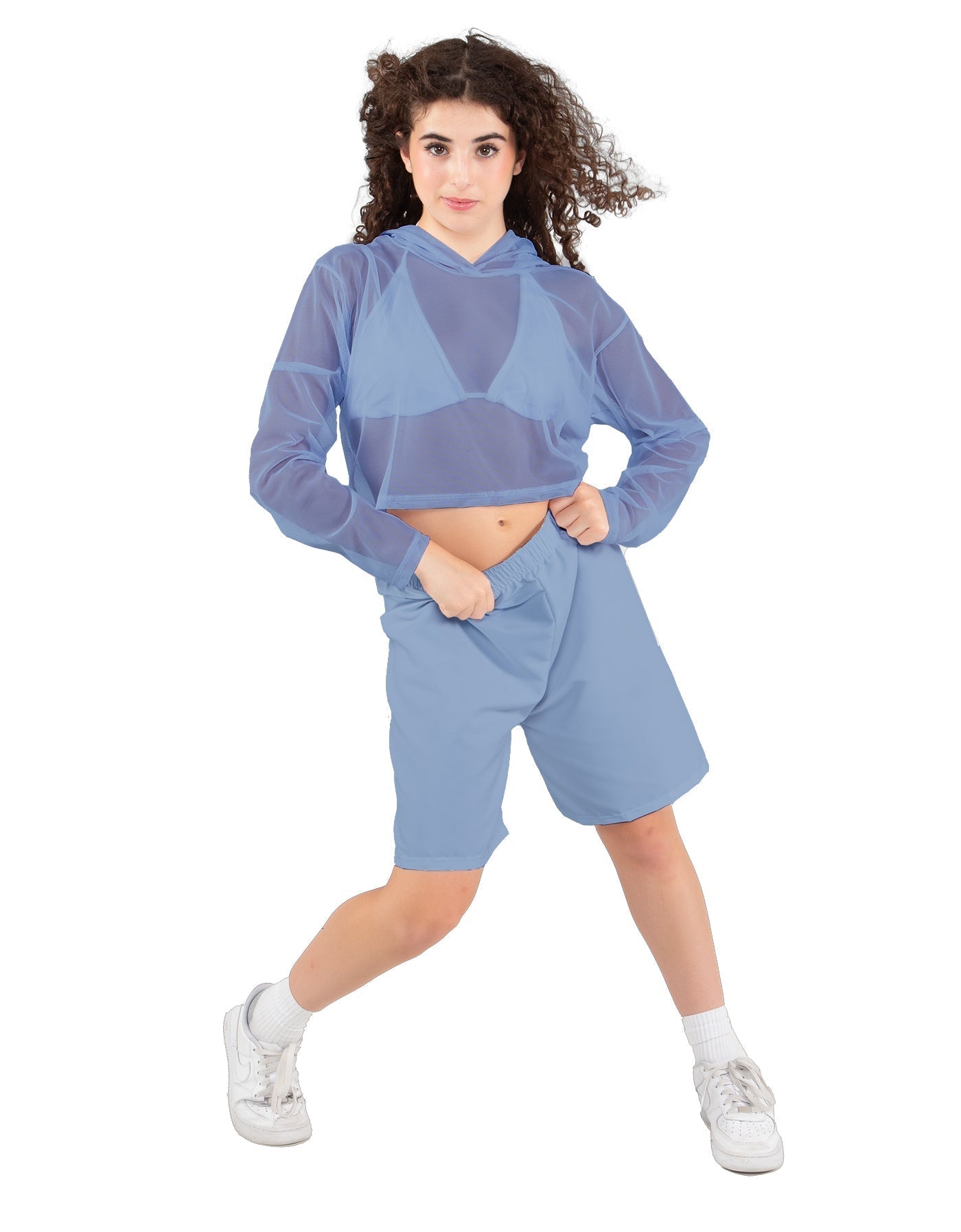 Solid Loose Mesh Hooded Top