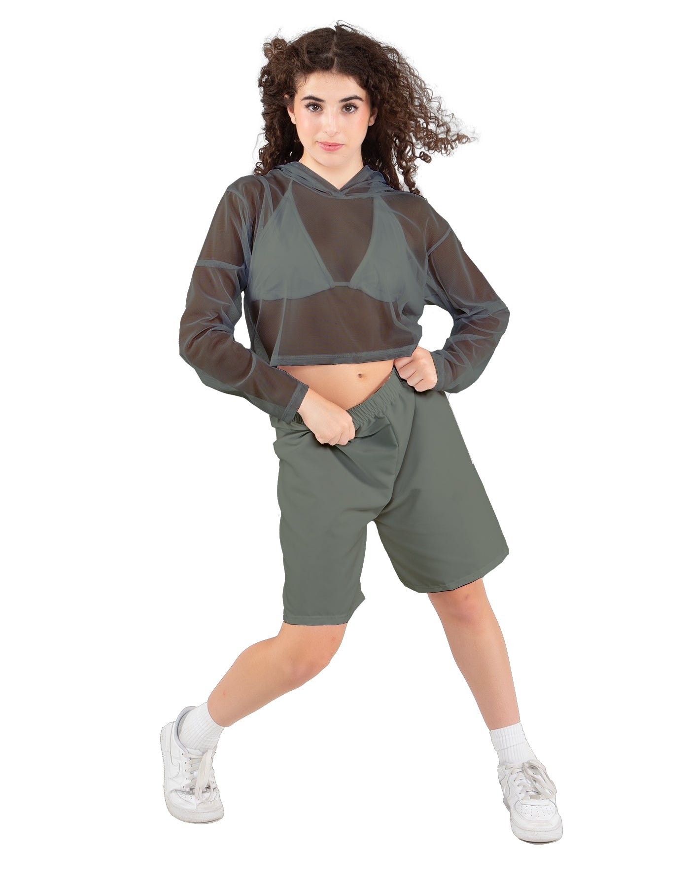 Solid Loose Mesh Hooded Top
