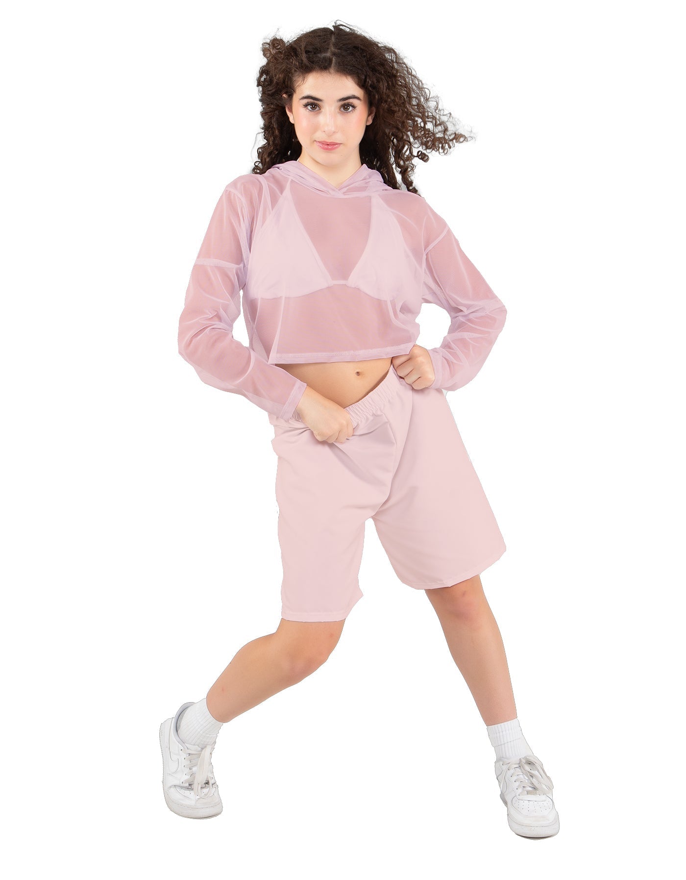 Solid Loose Mesh Hooded Top