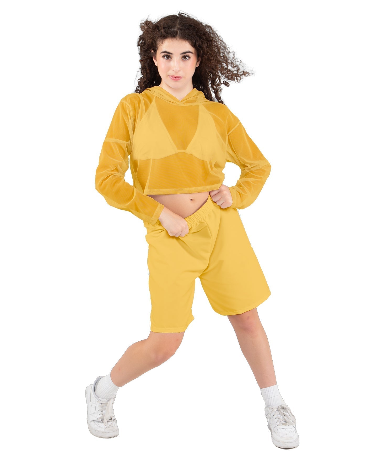 Solid Loose Mesh Hooded Top