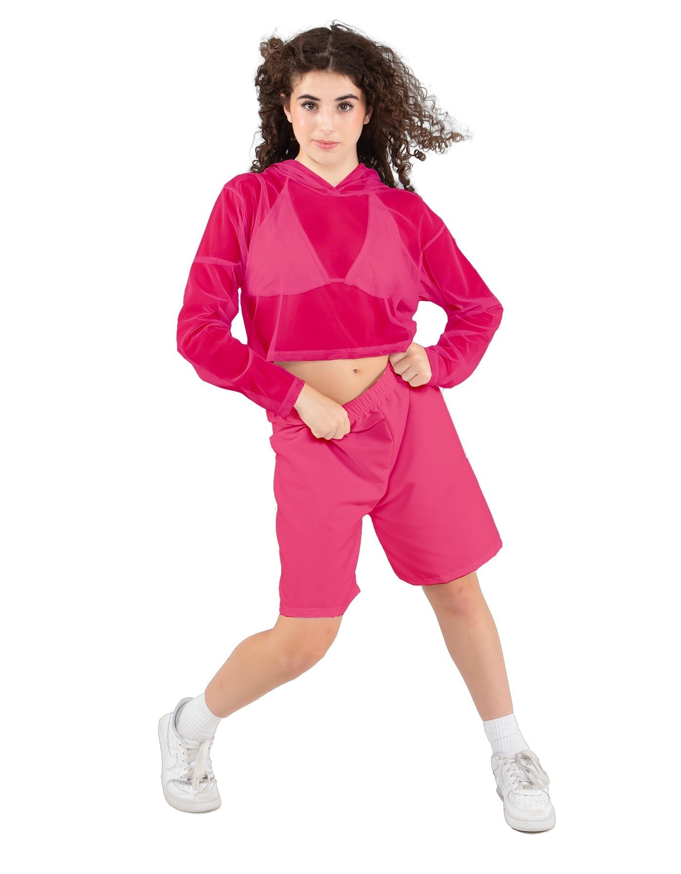 Solid Loose Mesh Hooded Top