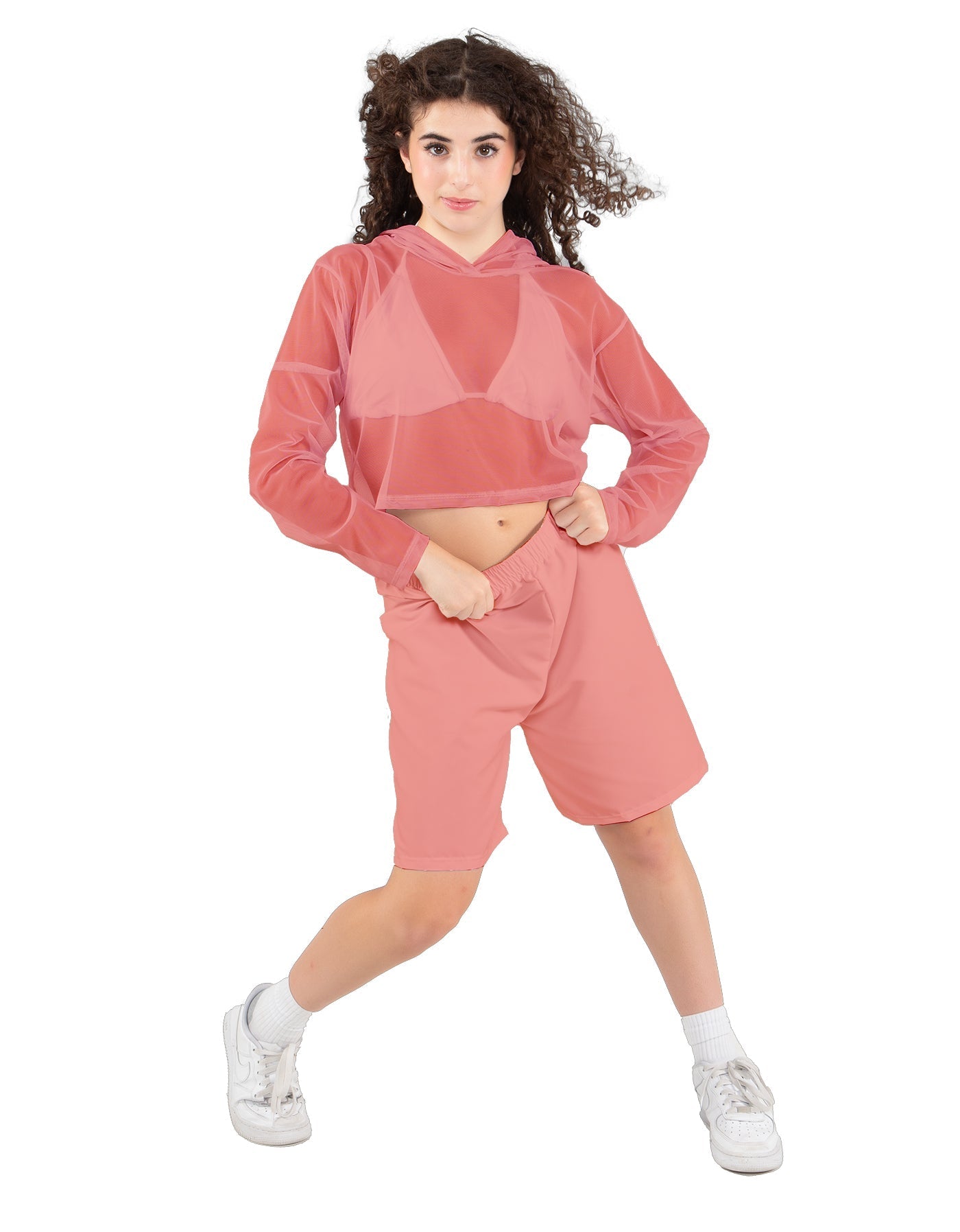 Solid Loose Mesh Hooded Top
