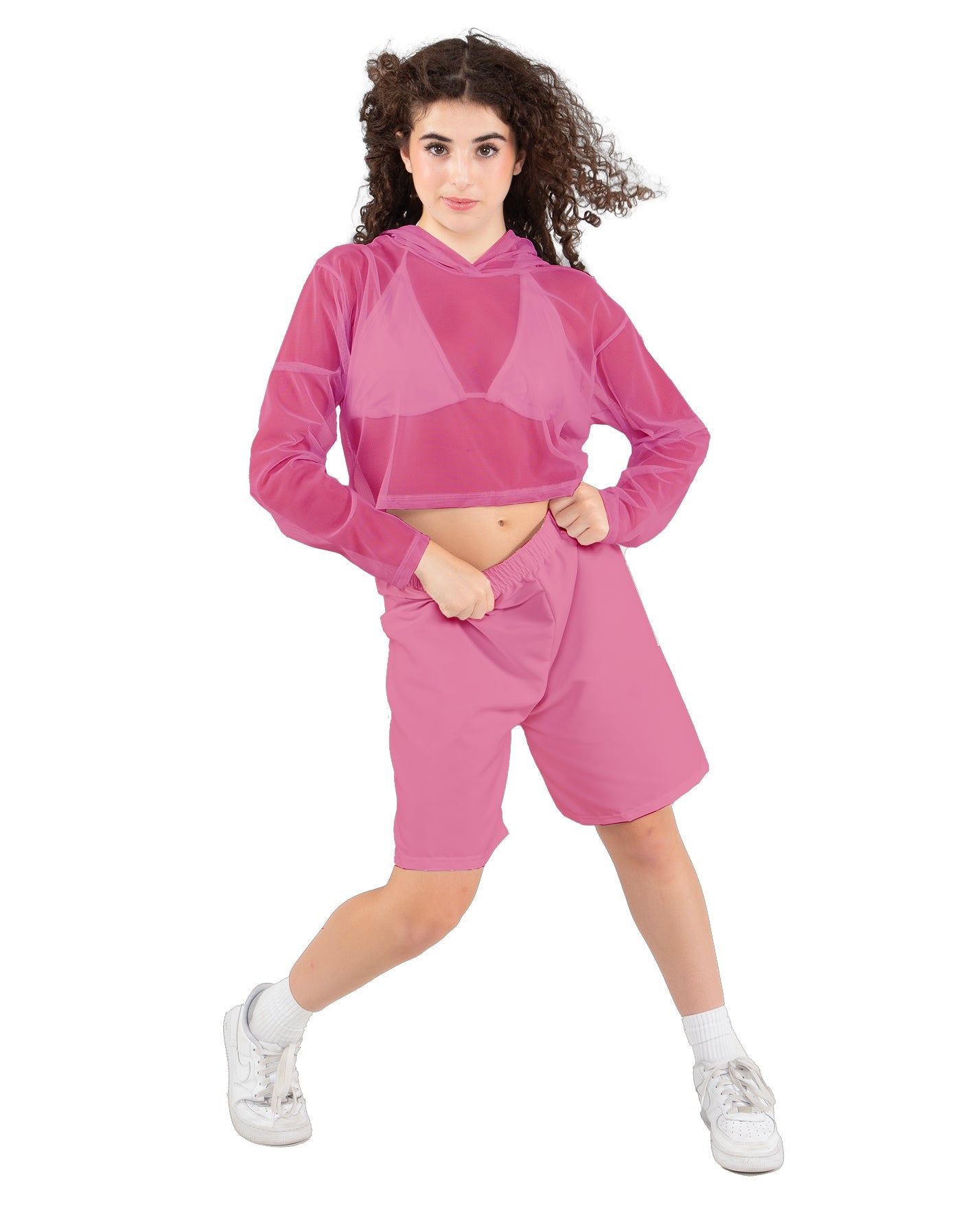 Solid Loose Mesh Hooded Top