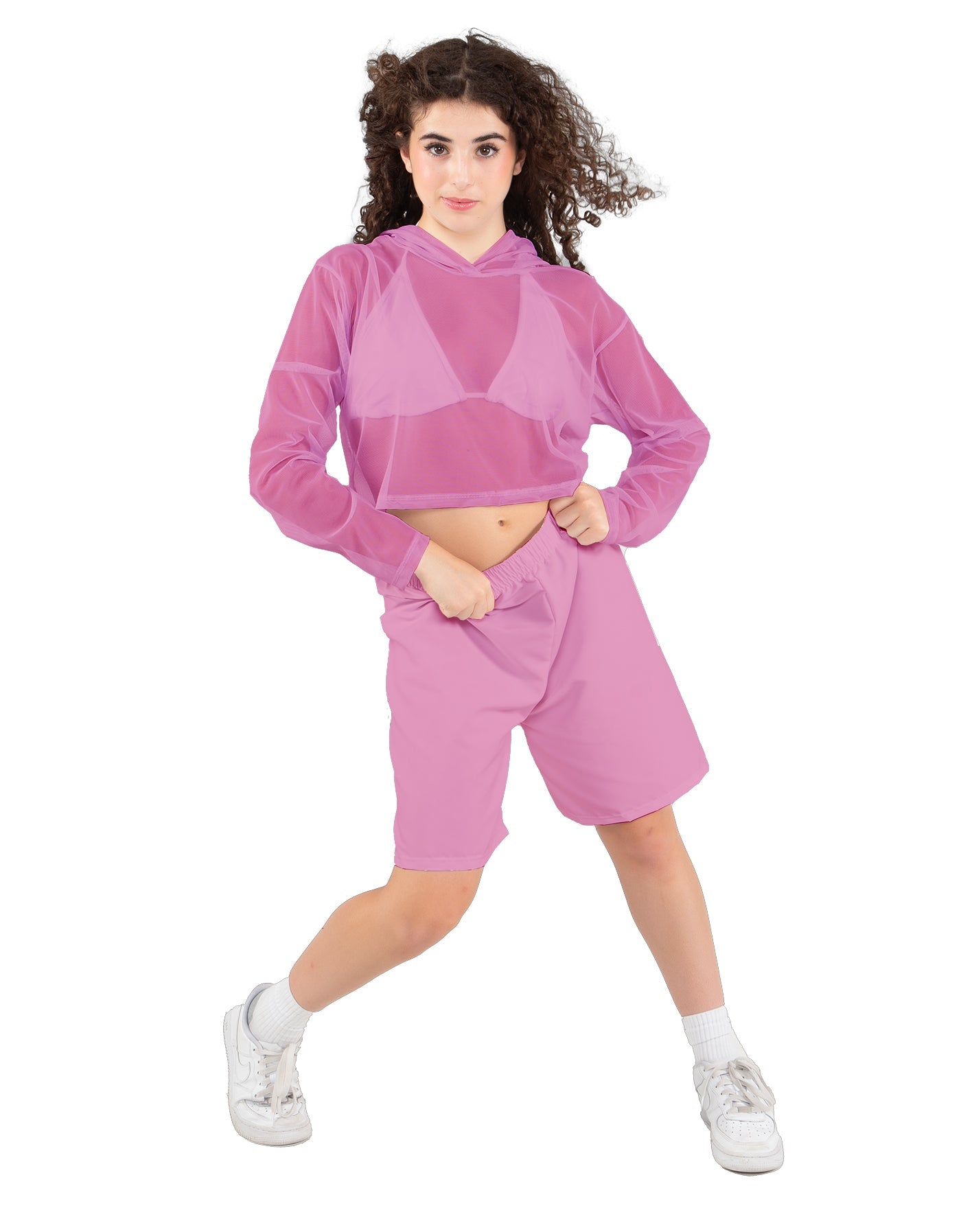 Solid Loose Mesh Hooded Top