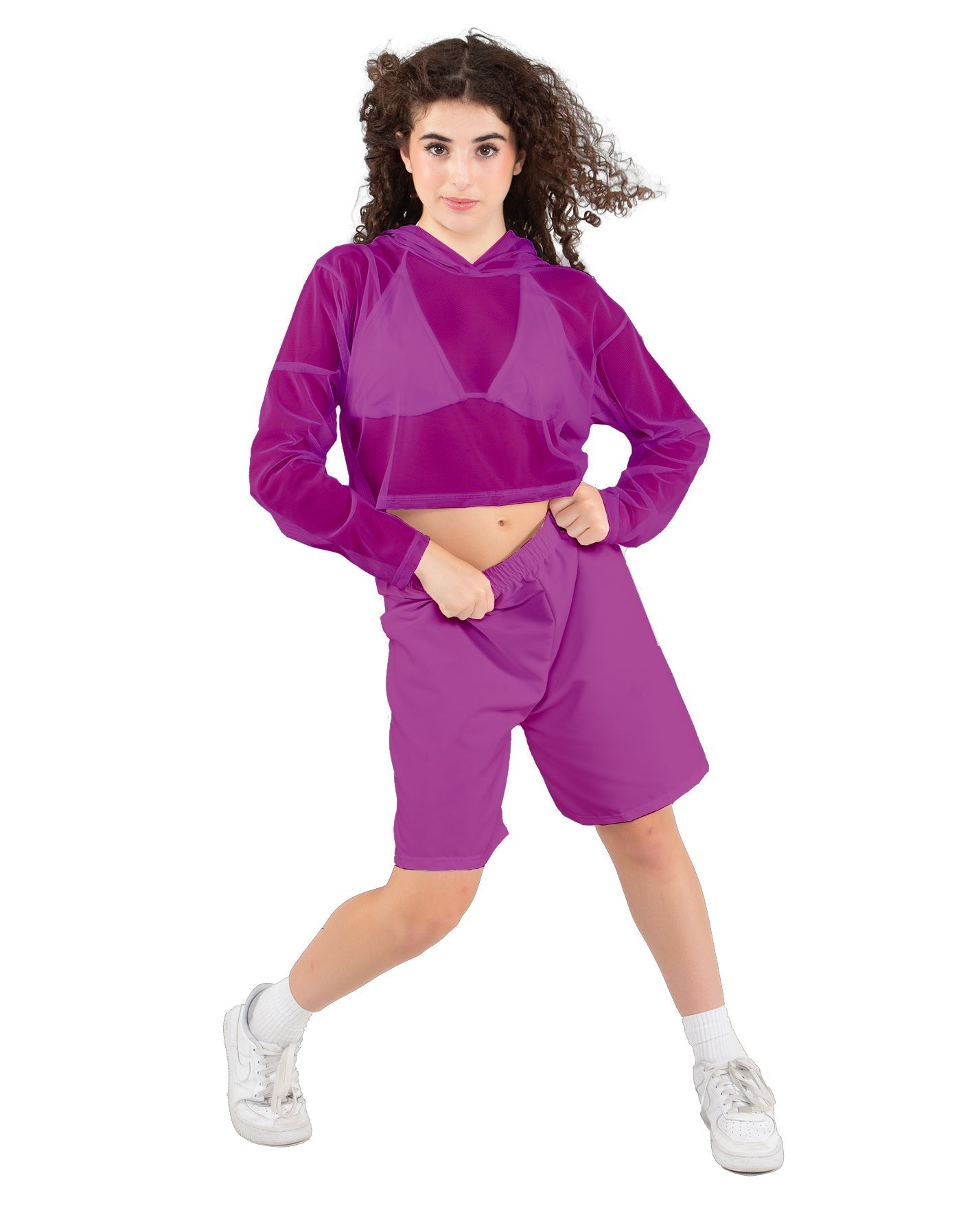Solid Loose Mesh Hooded Top