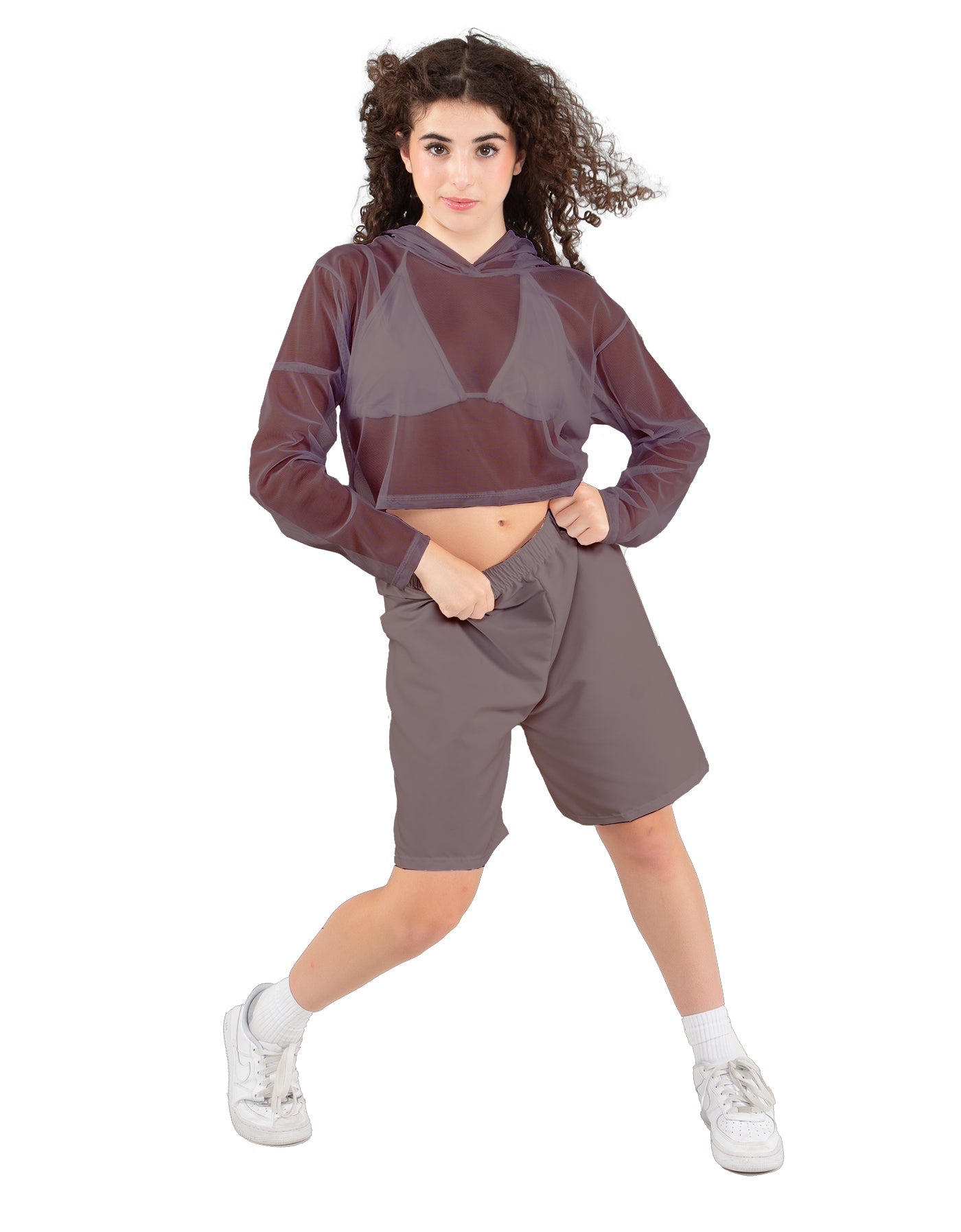 Solid Loose Mesh Hooded Top