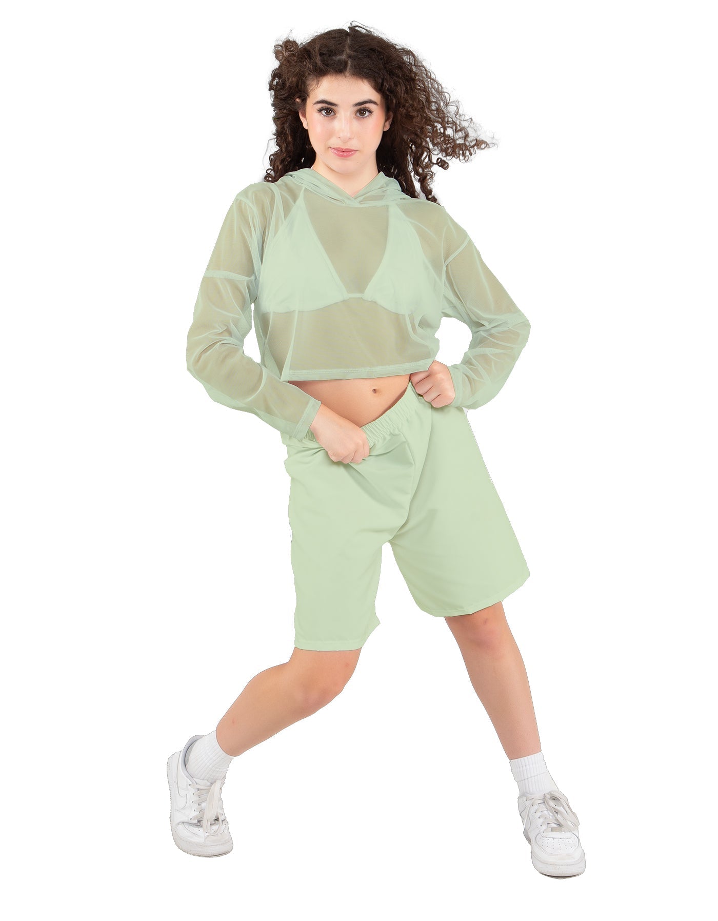 Solid Loose Mesh Hooded Top